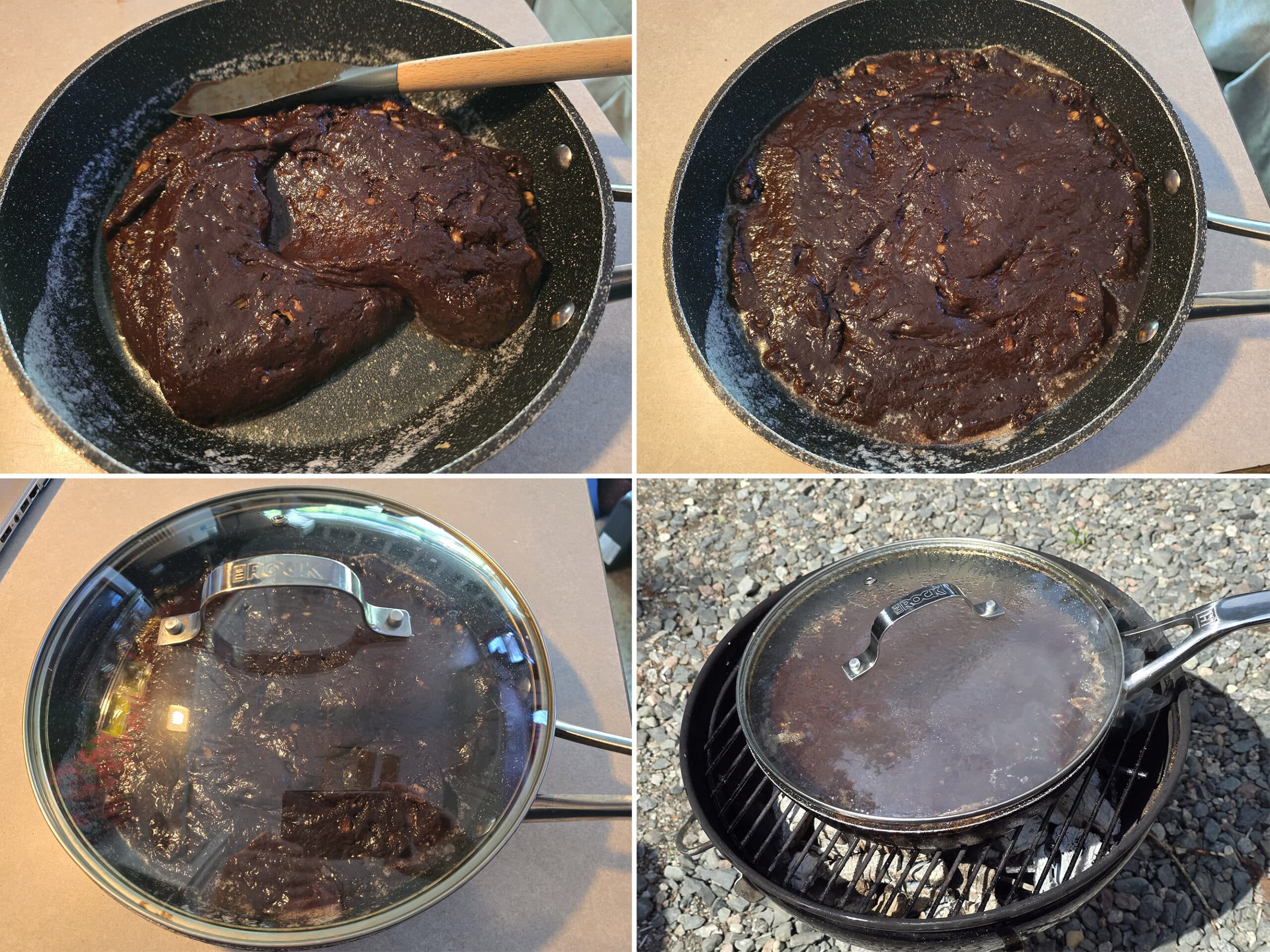 4 part image showing brownie batter being spread in a greased pan, covered, and set on a low charcoal fire.