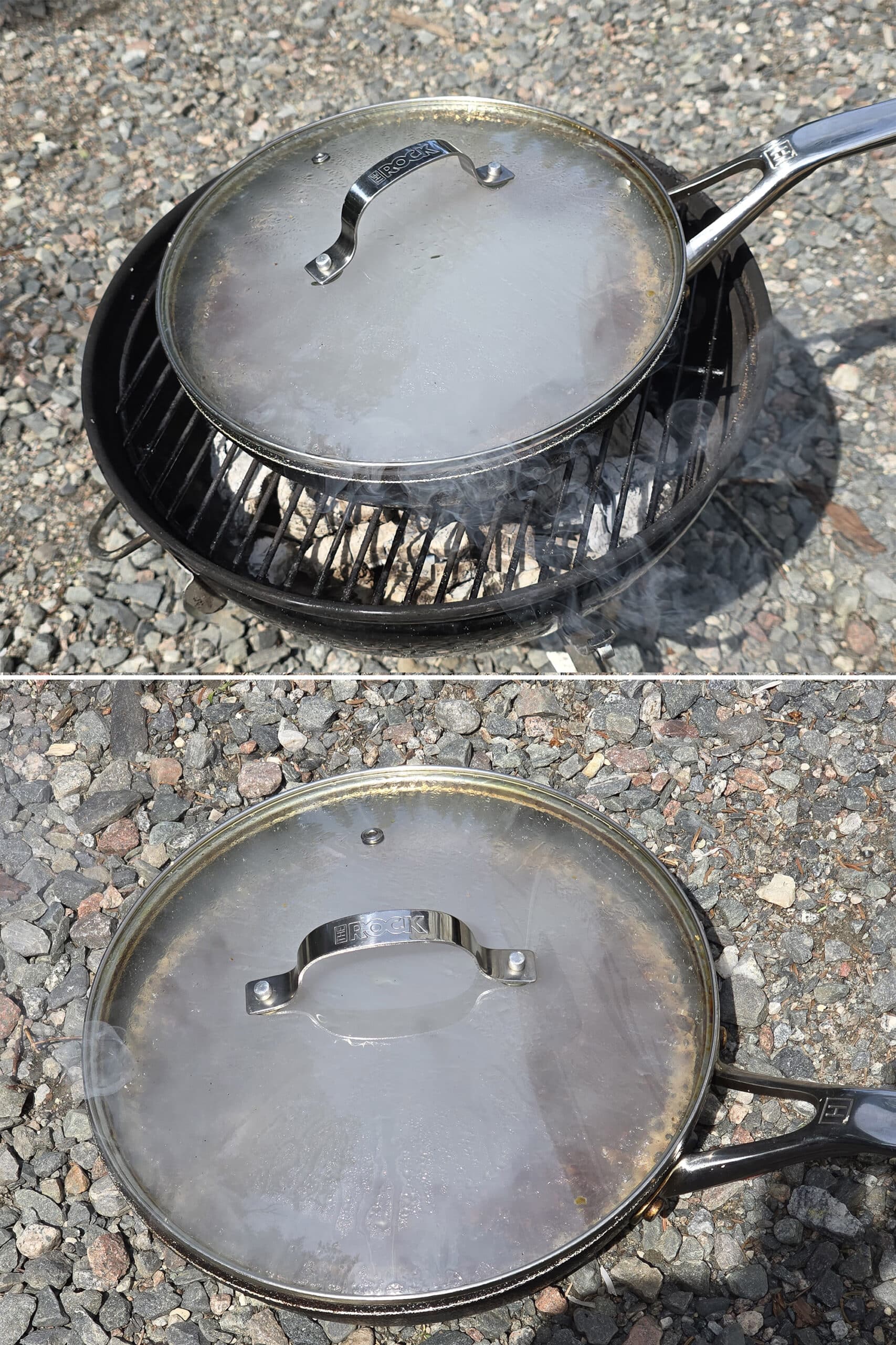 2 part image showing a covered pan of brownies cooking over a charcoal grill. The glass cover shows steam collecting inside.