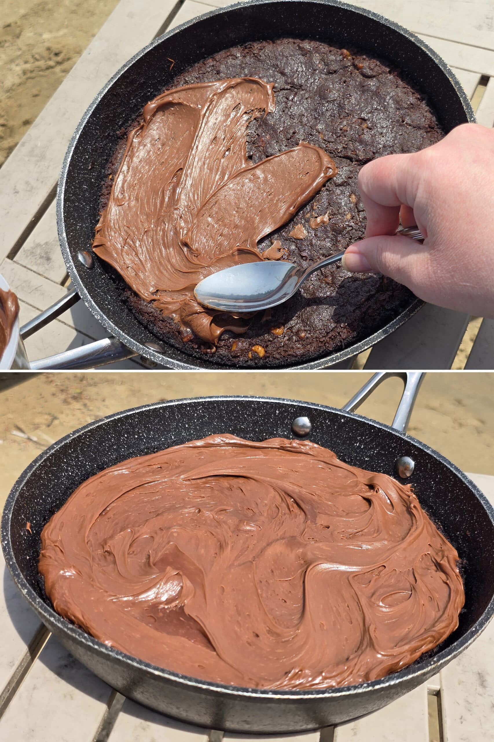 2 part image showing a skillet of brownies being spread with chocolate frosting.