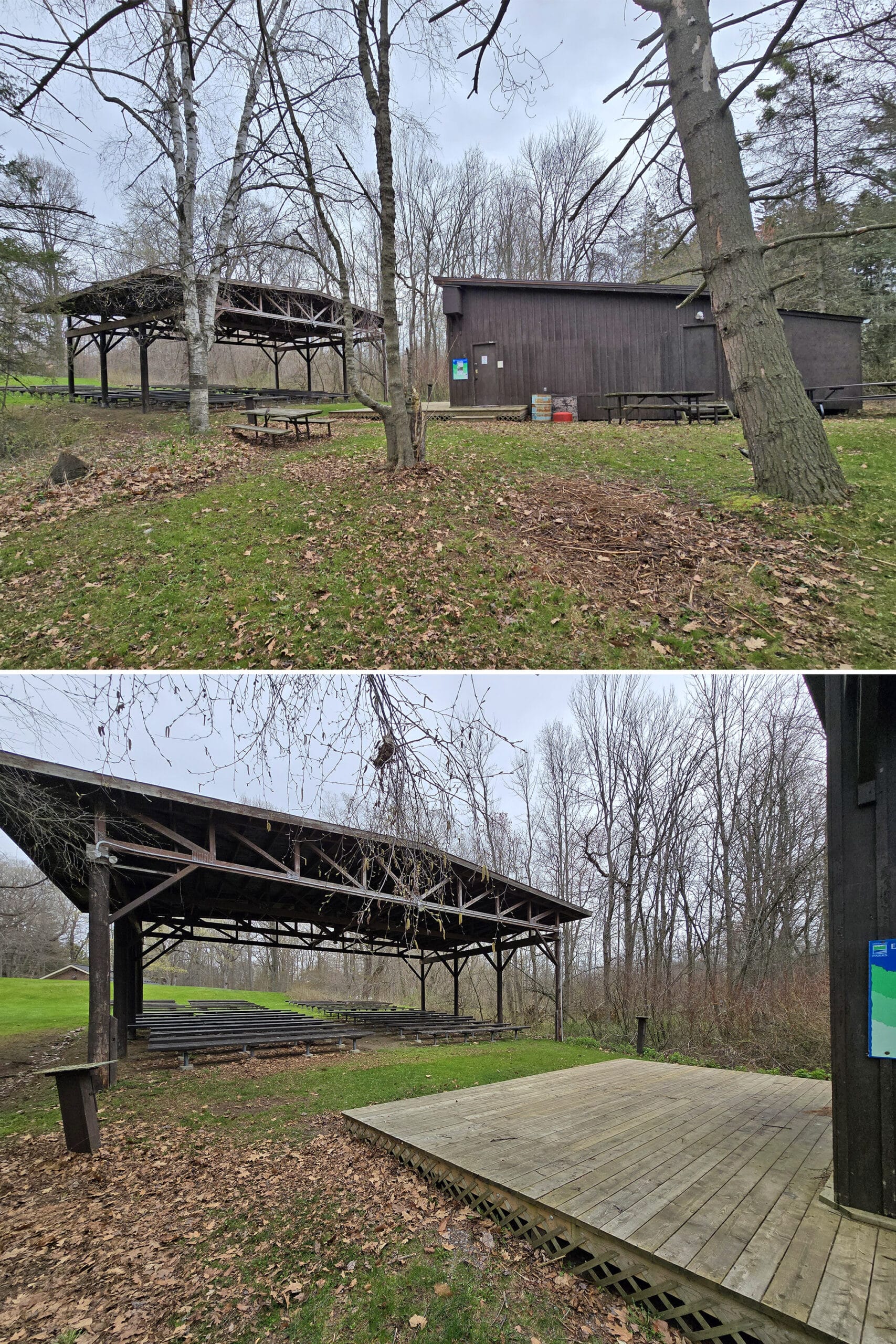 3 part image showing the Presqu’ile Provincial Park amphitheatre.