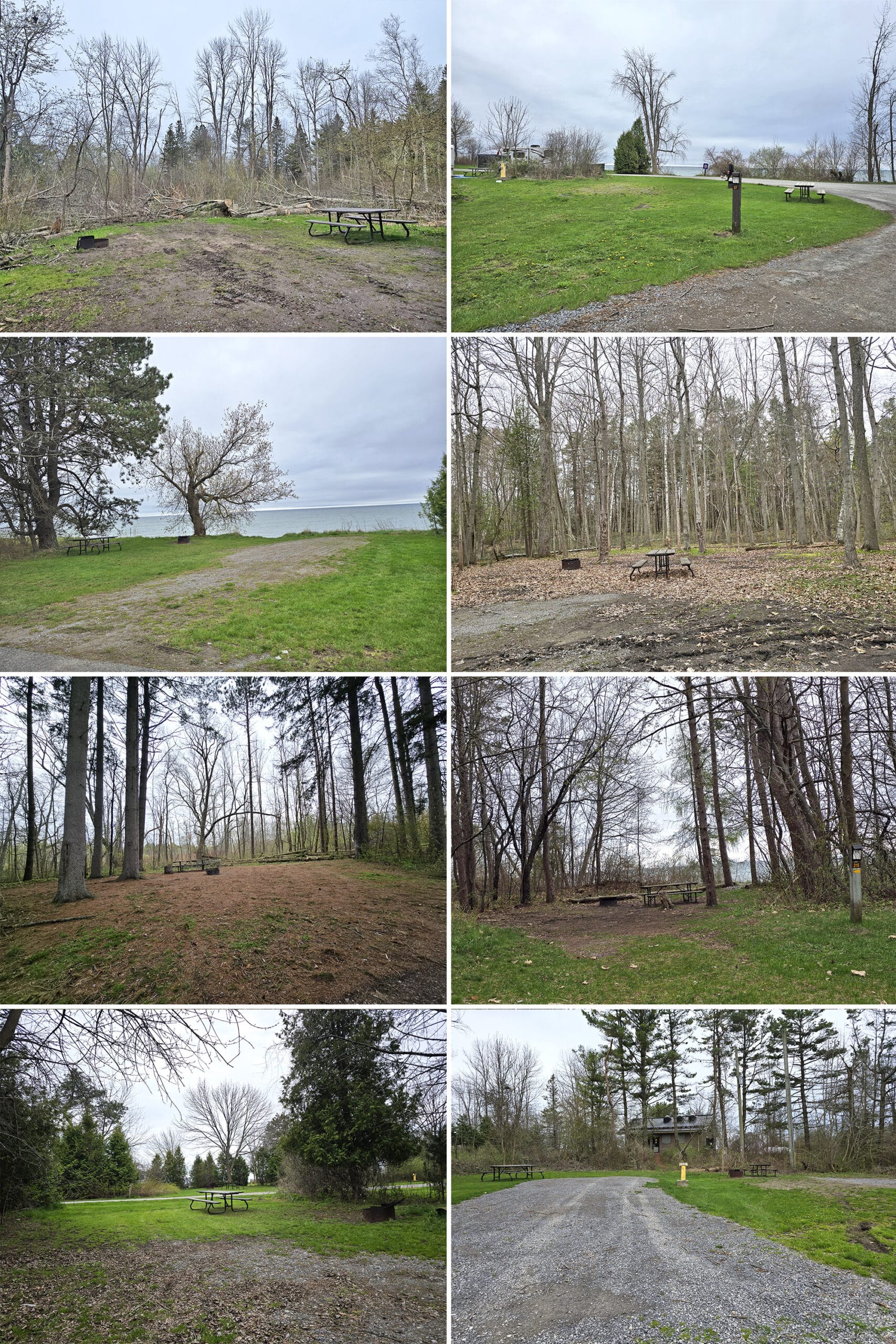 8 part image showing various Presqu’ile Provincial Park campsites.