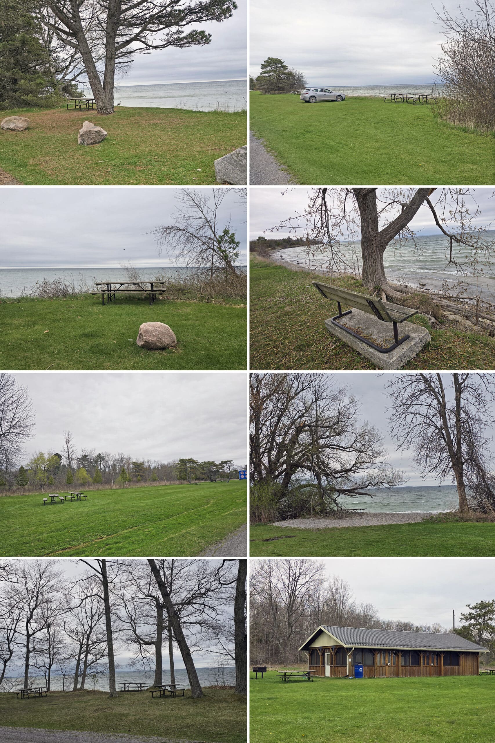8 part image showing various views of the lighthouse lane picnic area at Presqu’ile Provincial Park.