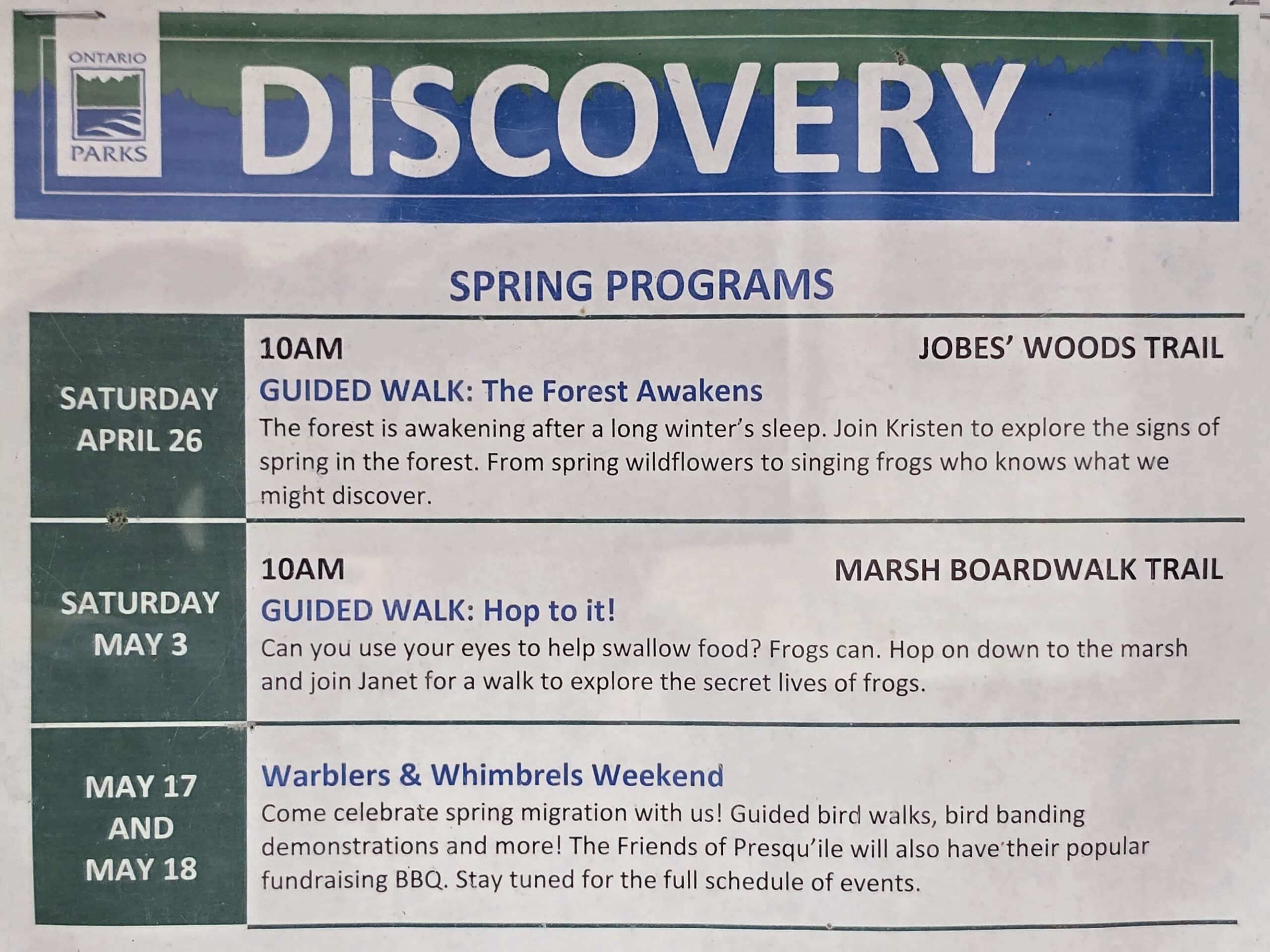 A photo of the Discovery Programming schedule for spring at Presqu’ile Provincial Park.