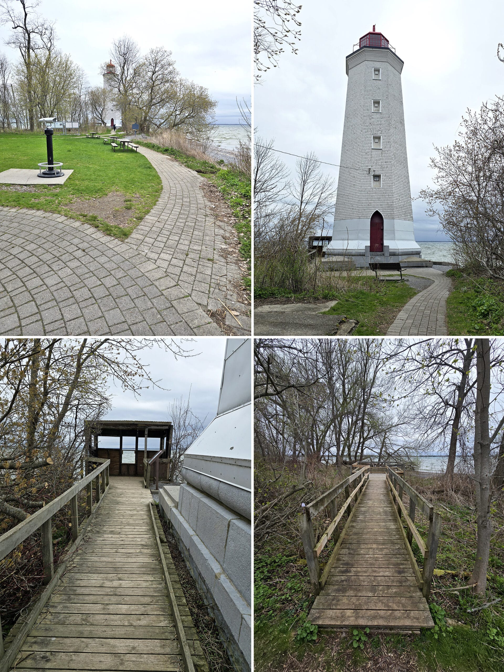 4 part image showing various views along the Lighthouse Trail at Presqu’ile Provincial Park.
