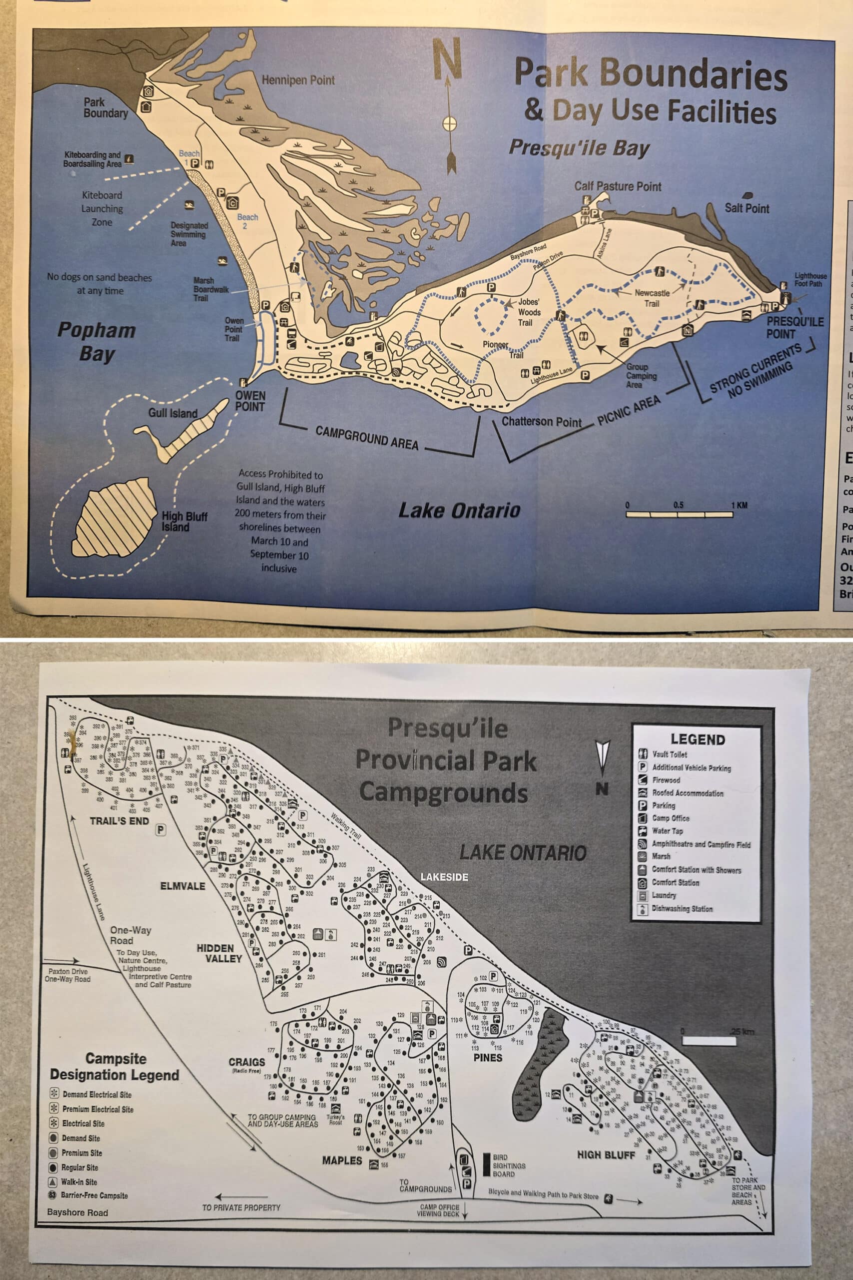 2 part image showing the maps for Presqu’ile Provincial Park.