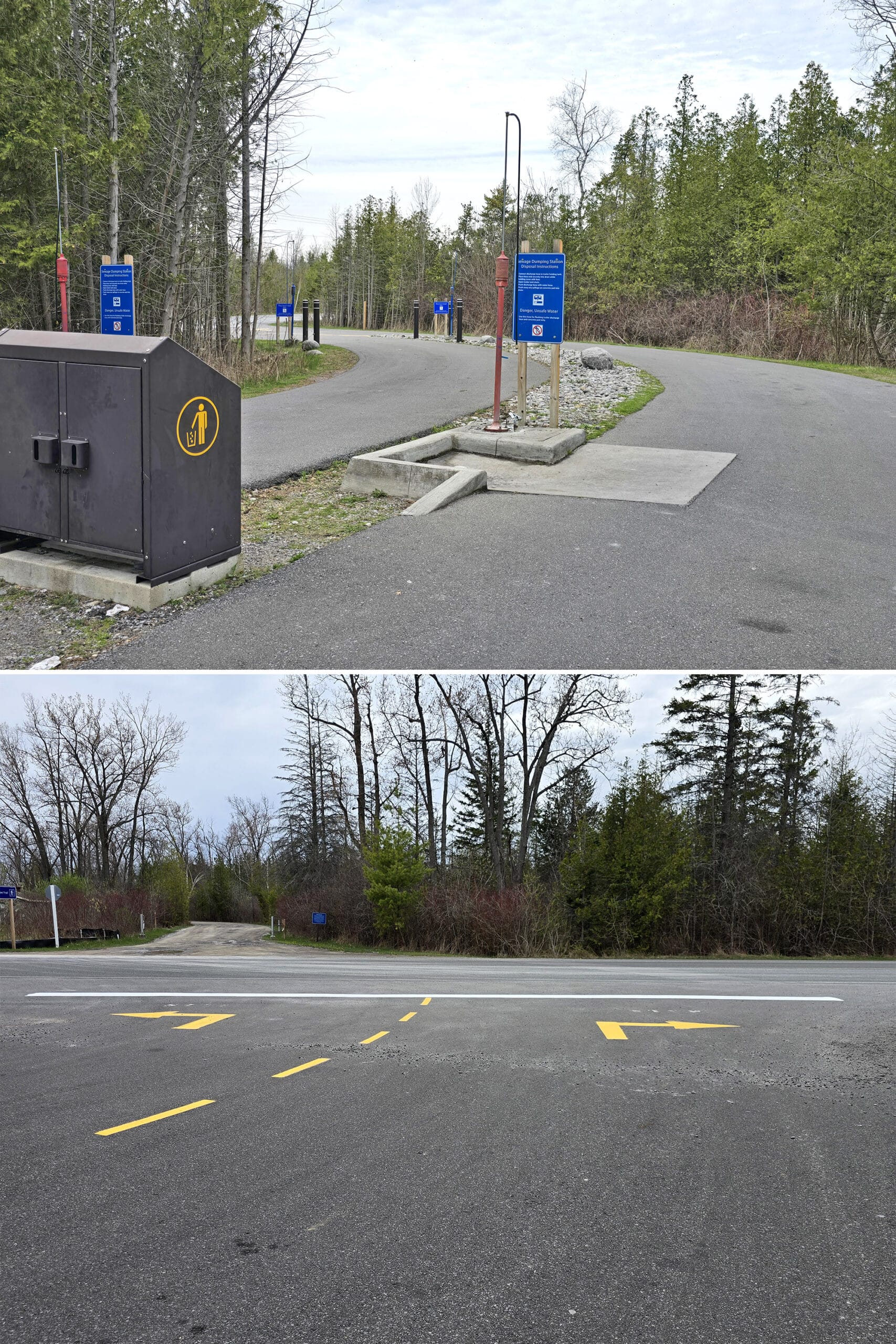 2 part image showing the trailer sanitation station at Presqu’ile.
