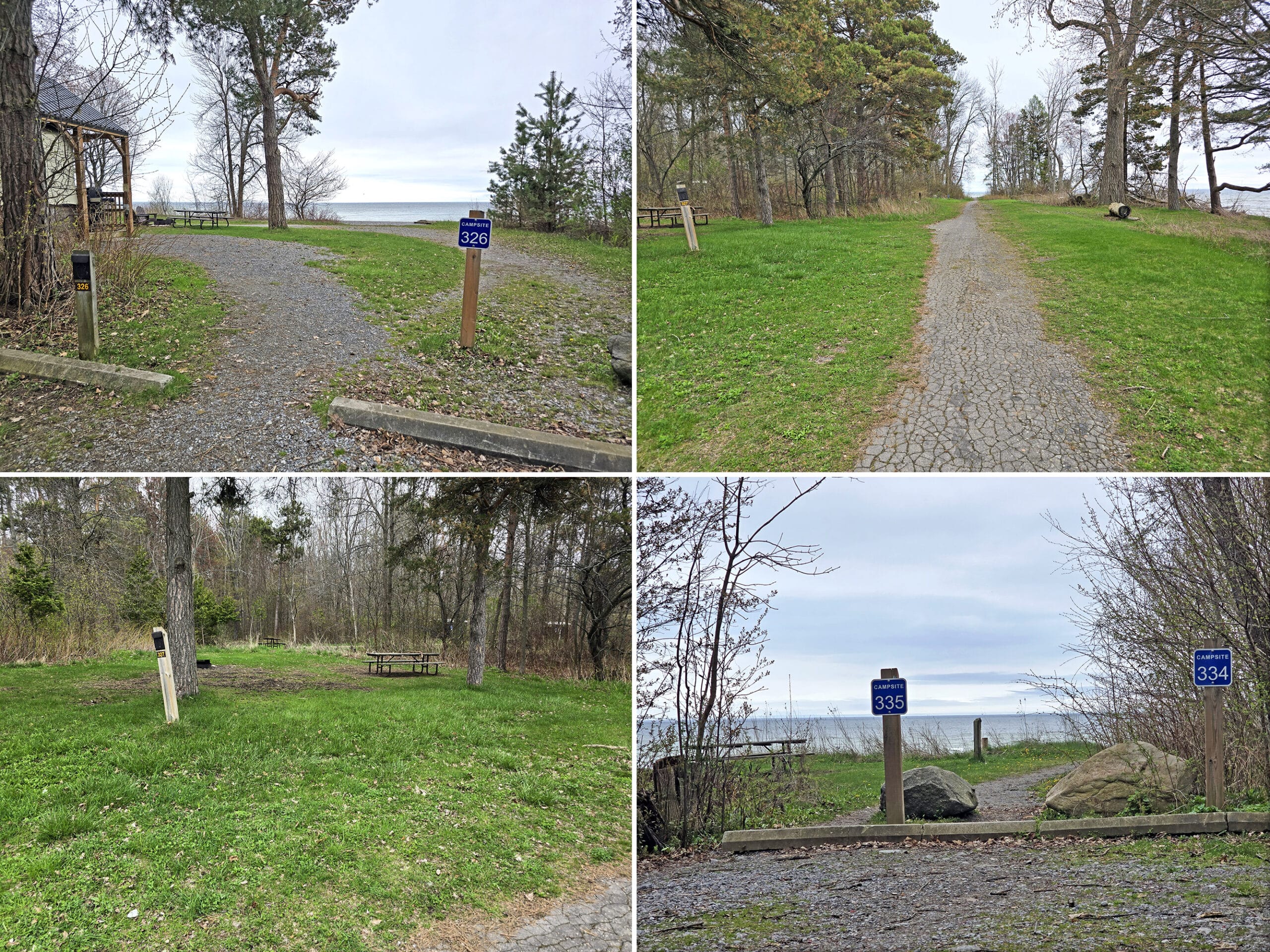 4 part image showing the walk in campsites area and parking at Presqu’ile Provincial Park.