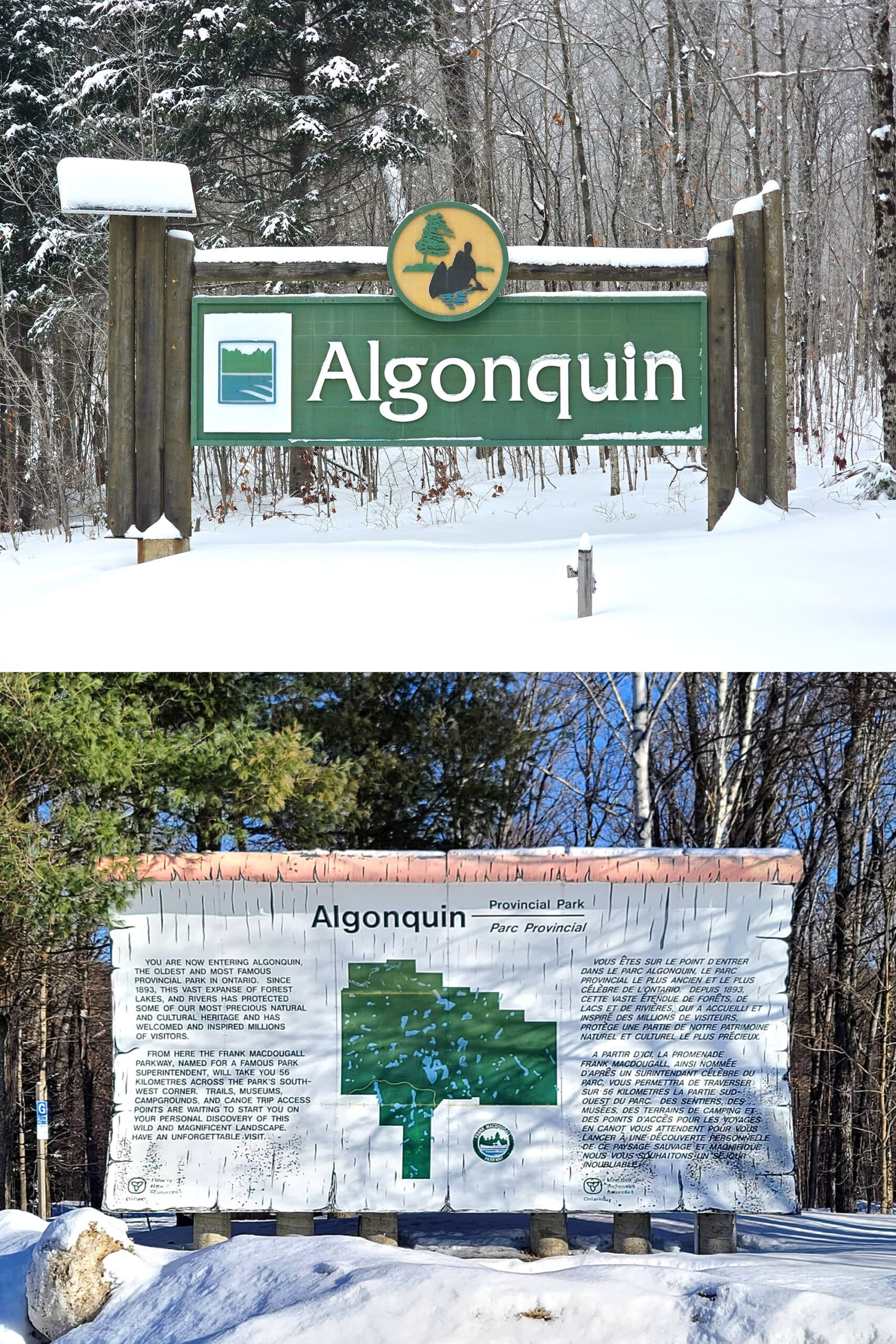 2 part image showing the Algonquin road signs in winter