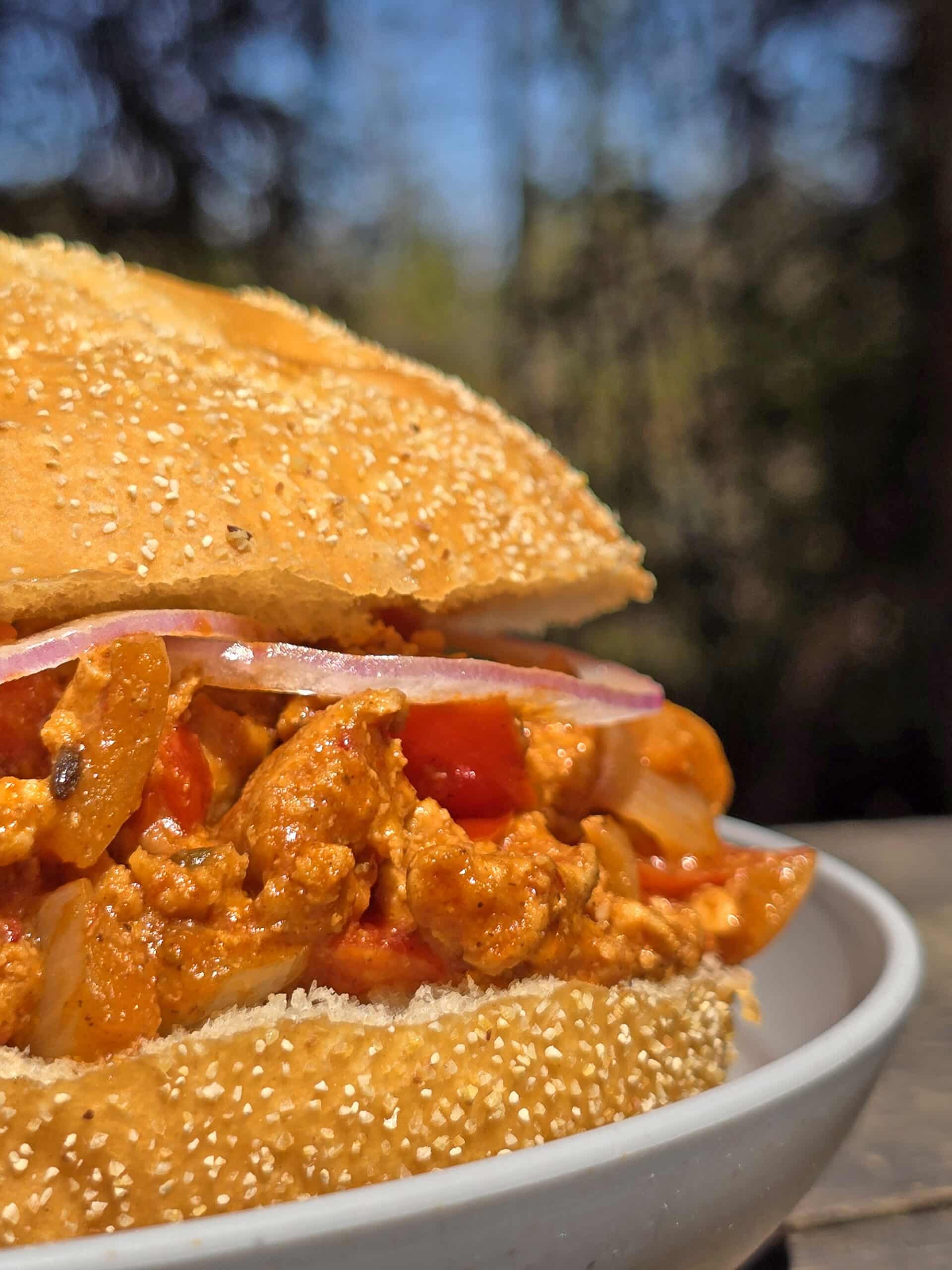 A butter chicken sloppy joes sandwich on a plate.