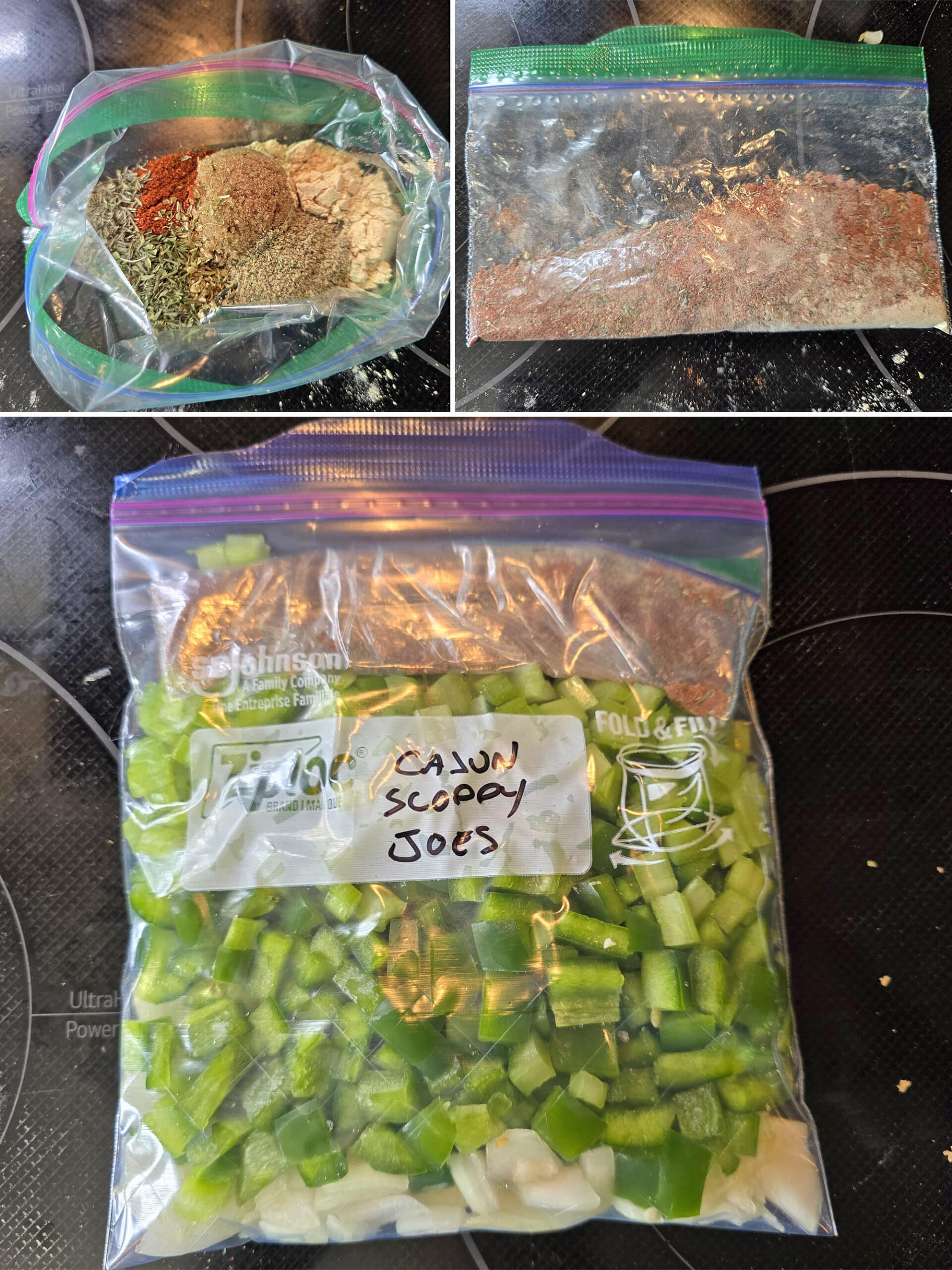 3 part image showing then jambalaya seasoning packet being mixed, then added to a labeled baggie with the chopped vegetables.