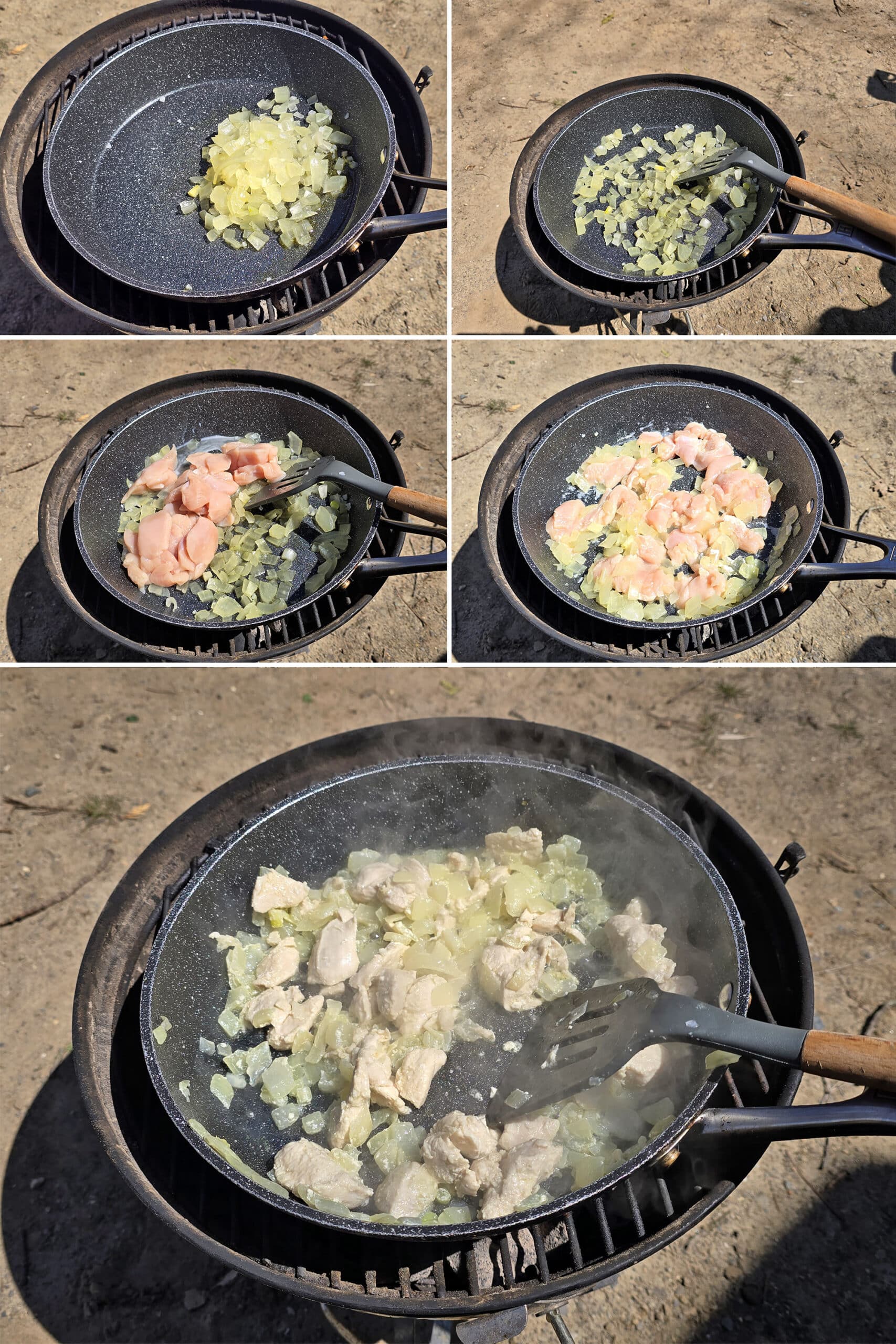 5 part image showing onions cooking in a cast iron pan, then chopped chicken being added and browned all over.