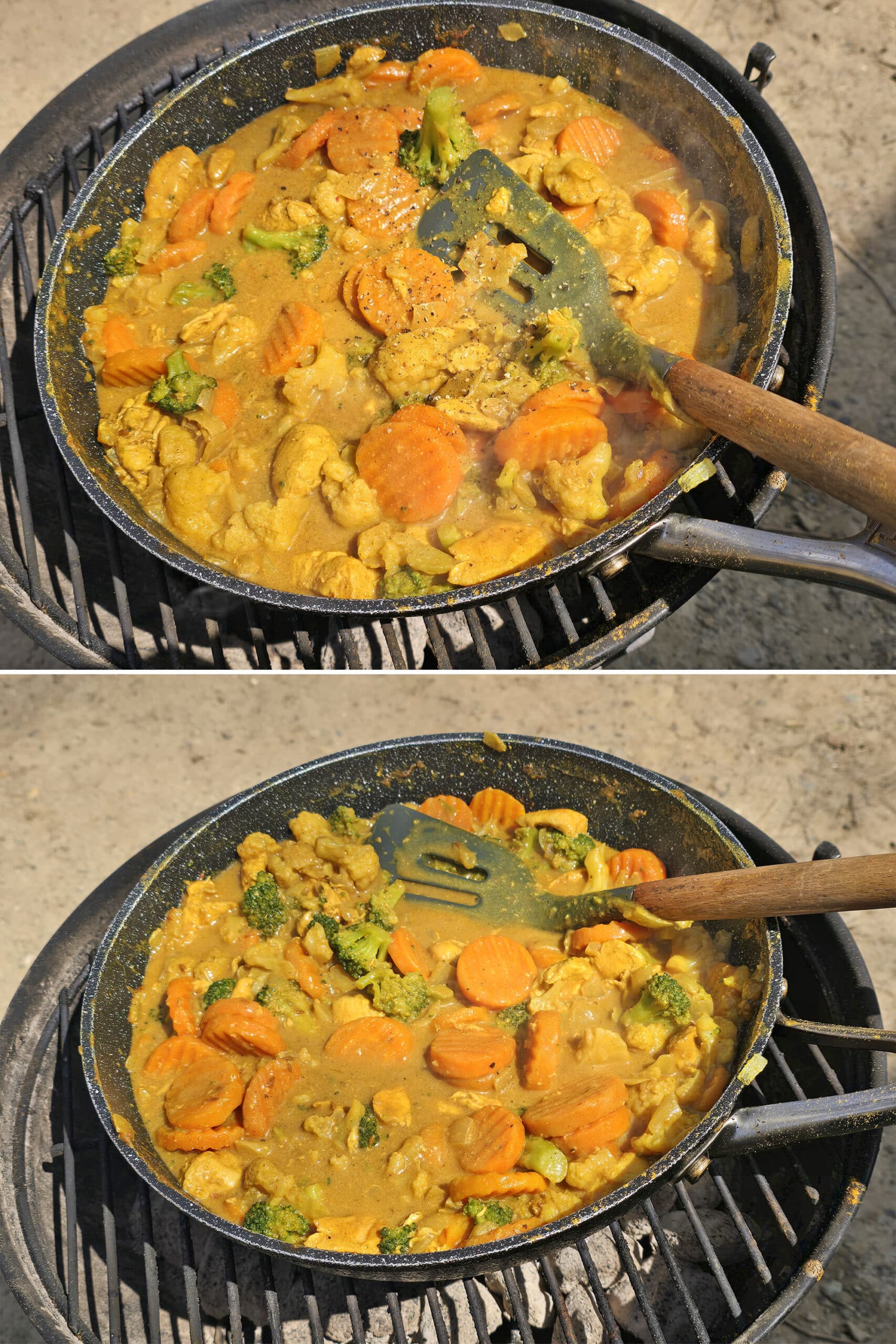 2 part image showing the campfire chicken curry simmering til thick,