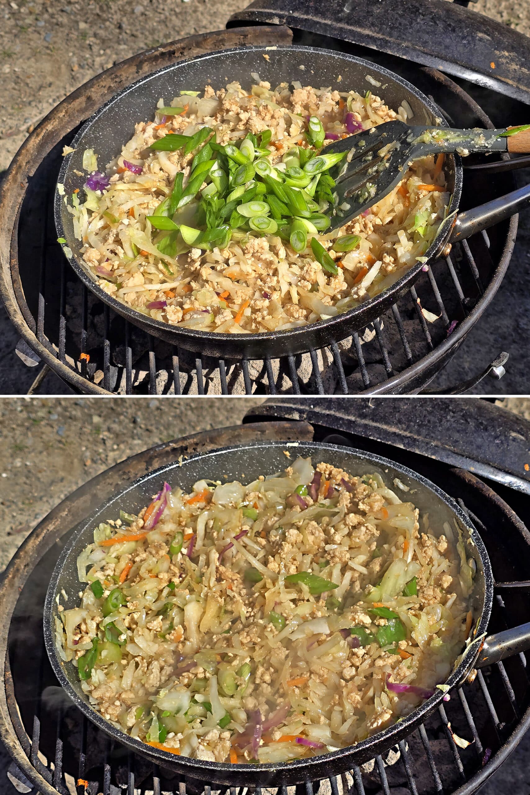 2 part image showing green onions being stirred into the egg roll in a pan.