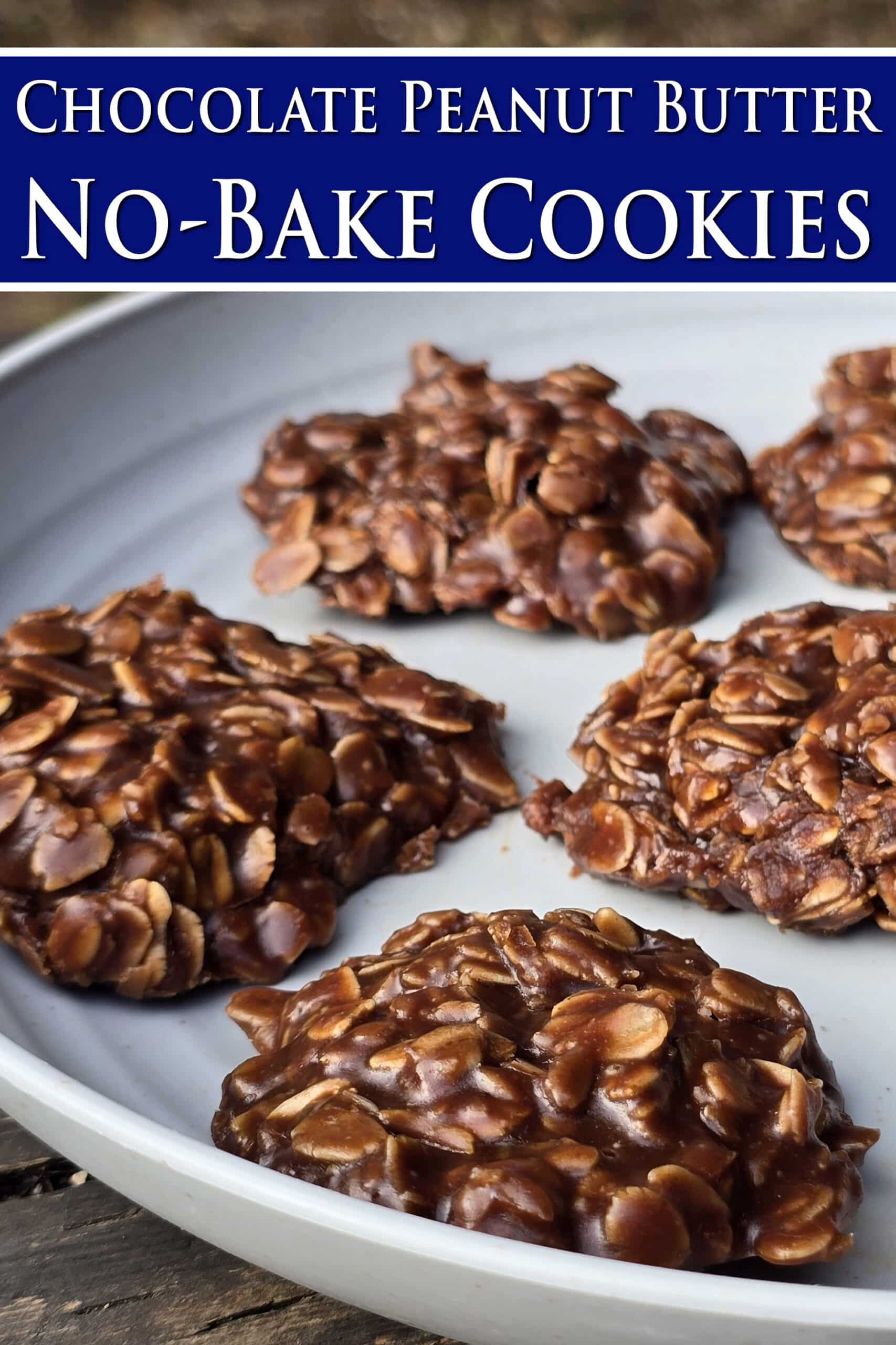 A plate of no bake chocolate peanut butter cookies with oats. Overlaid text says chocolate peanut butter no bake cookies.