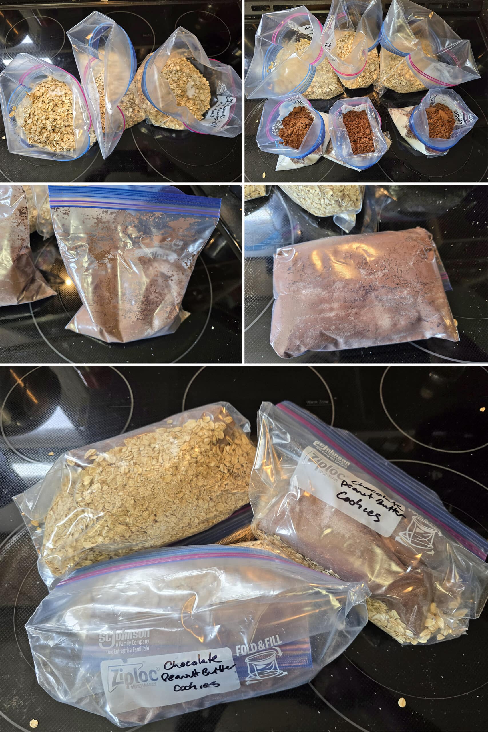 5 part image showing chocolate peanut butter no bake cookie mixes being assembled in baggies, as described.