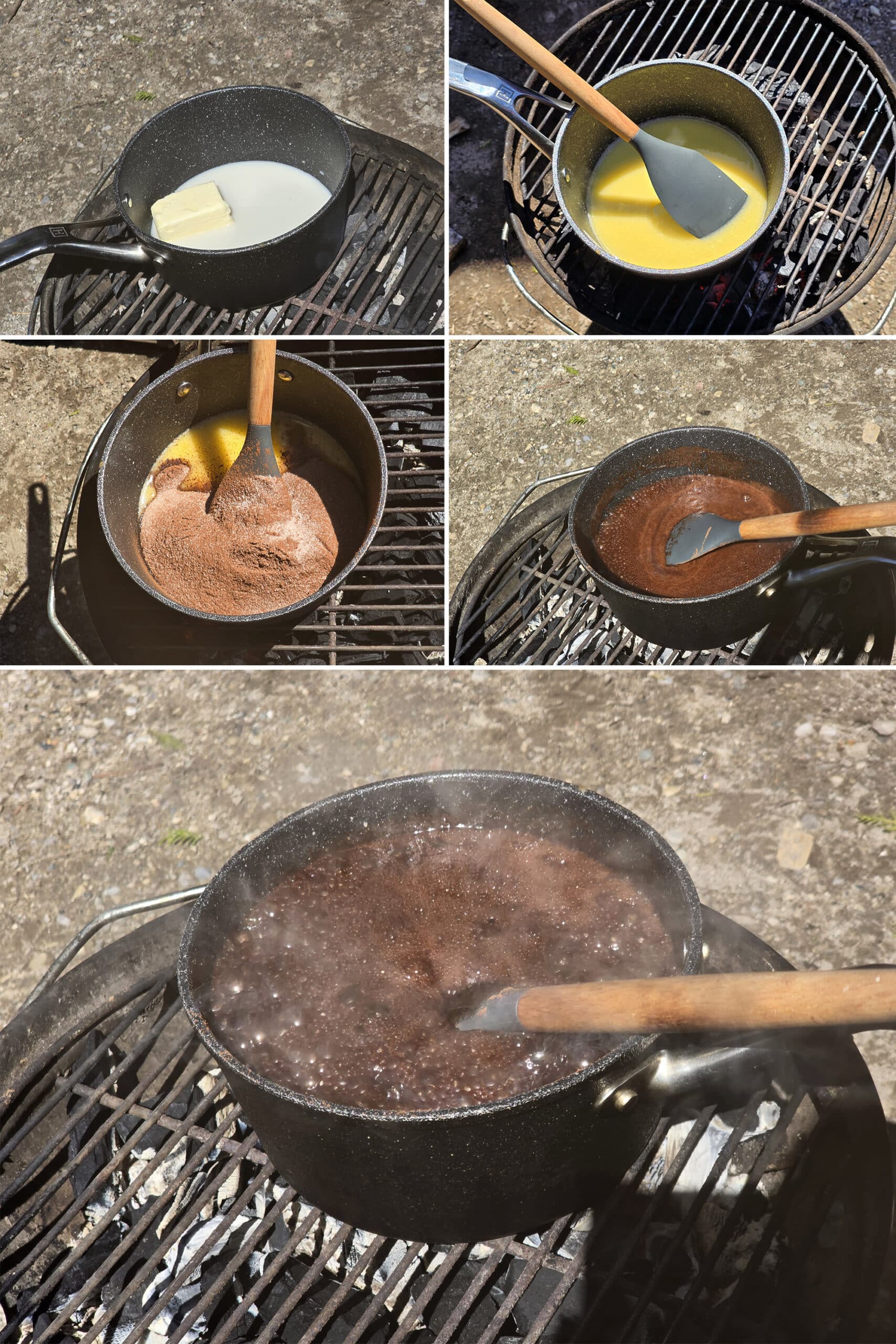 5 part image showing then milk and butter melting in a pot over a fire, then the chocolate powder mixture being added and brought to a boil.