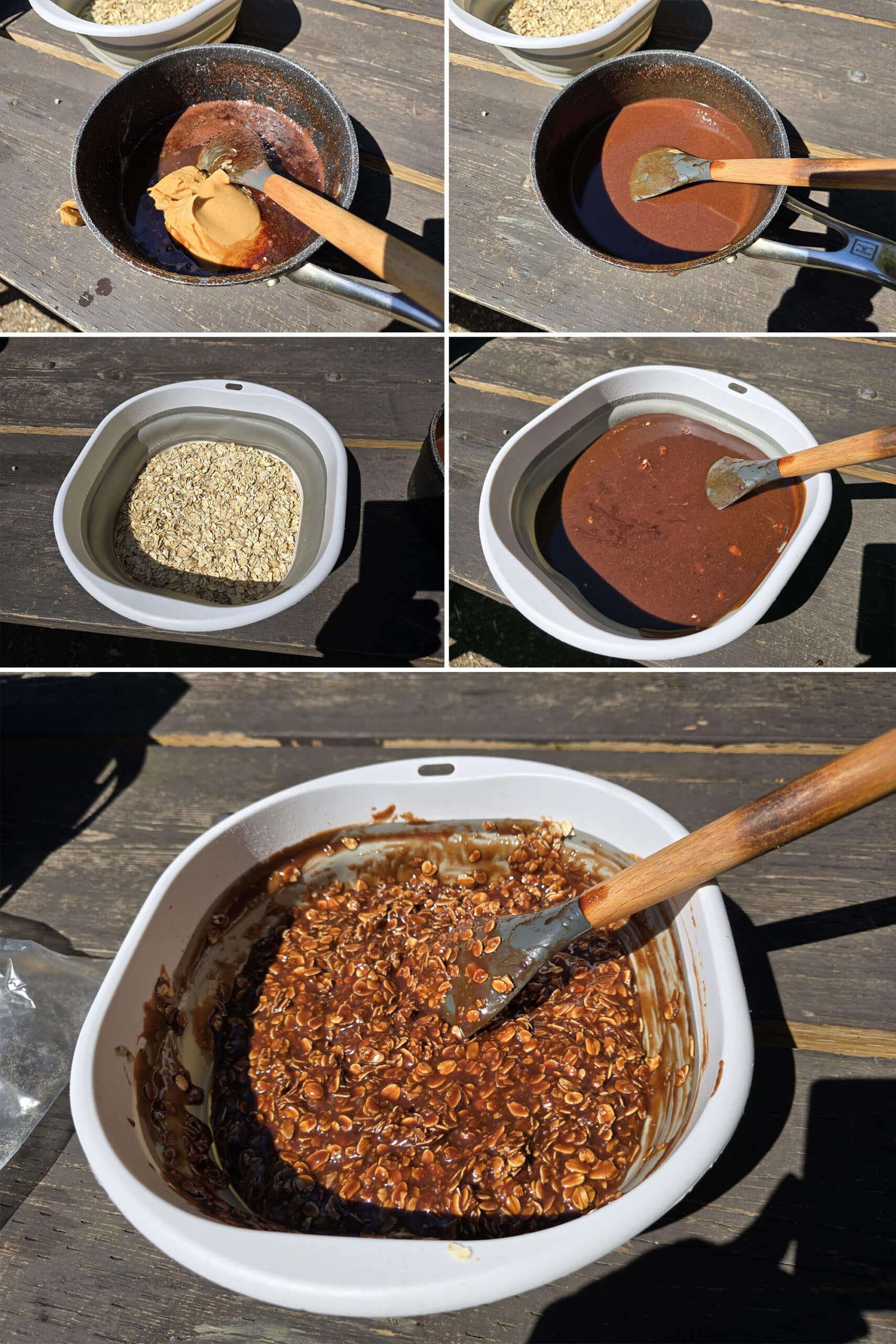 5 part image showing the peanut butter and vanilla being stirred into the chocolate mix, then the chocolate mixture being stirred into a bowl of oats.