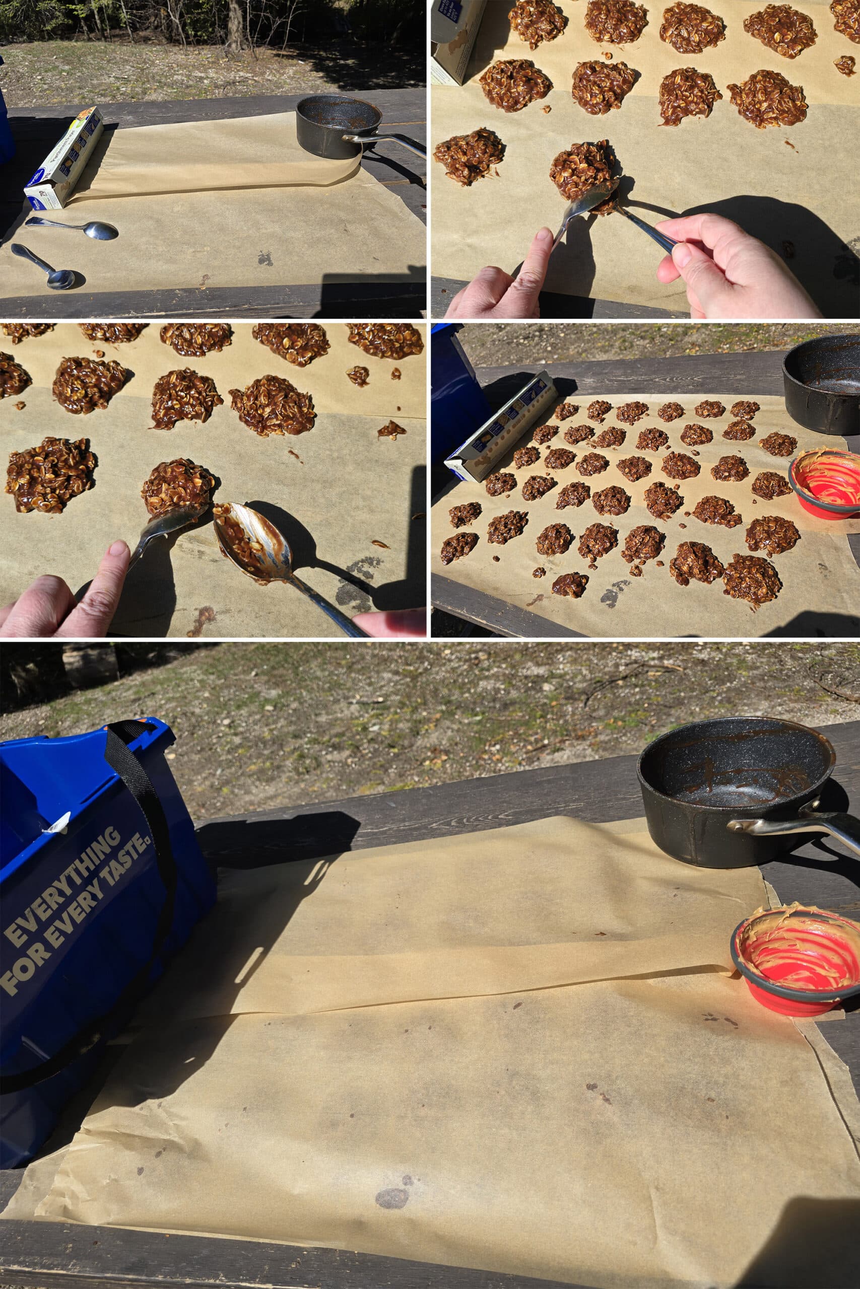 5 part image showing no bake chocolate peanut butter cookie batter being spooned out onto a picnic table covered in parchment paper, then covered with more parchment.