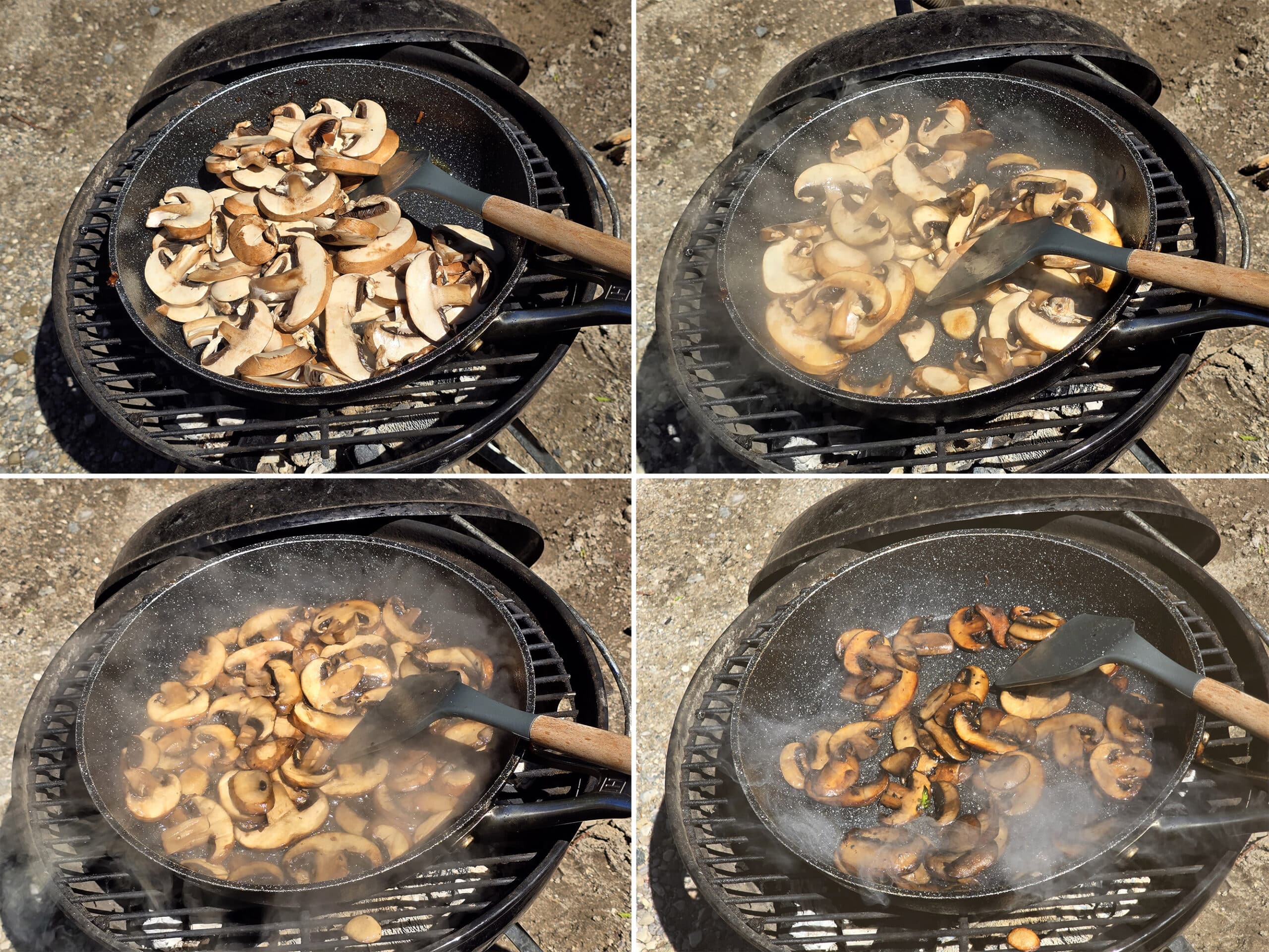 4 part image showing mushrooms sauteeing in a skillet over a charcoal grill.