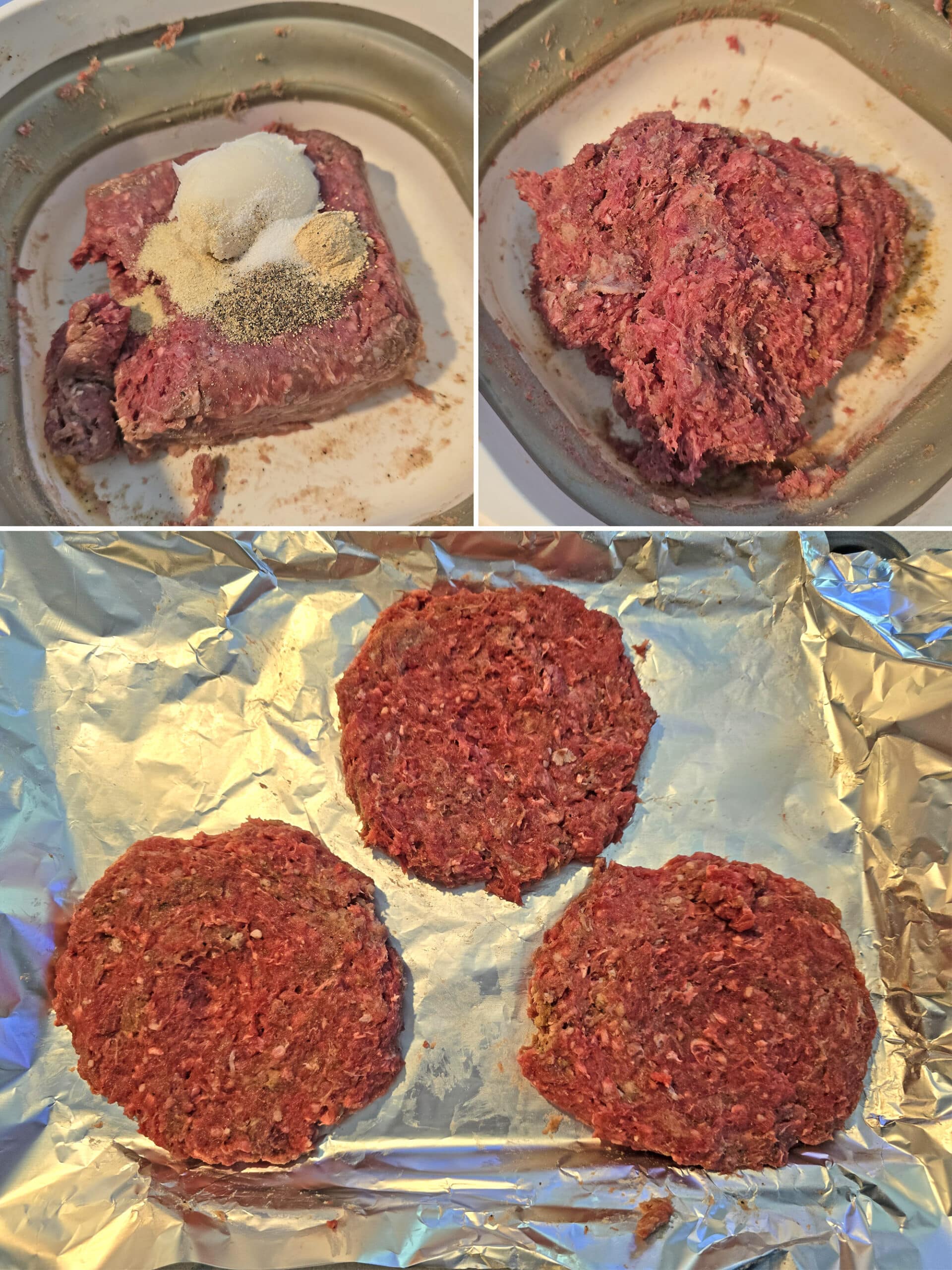 3 part image showing the ground elk being mixed with seasonings and formed into patties.