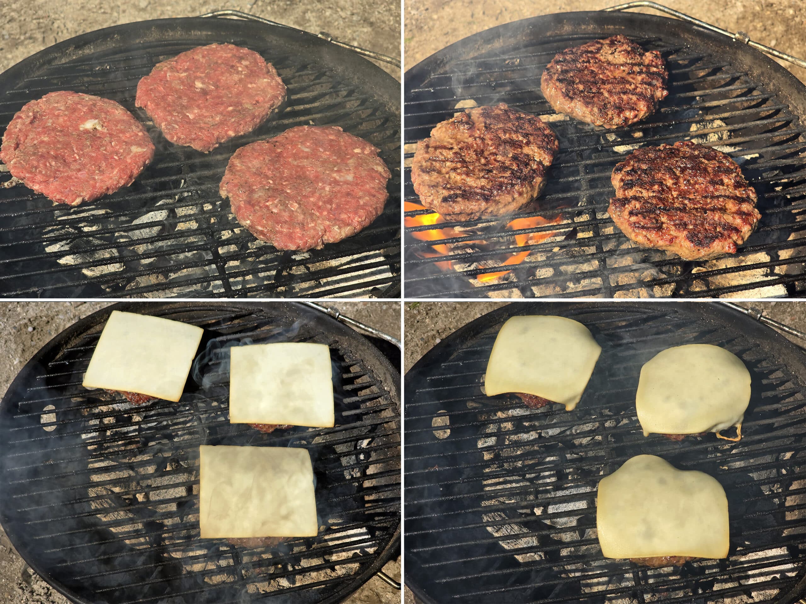 4 part image showing the elk burgers grilling, then being topped with slices of smoked cheddar on the grill.