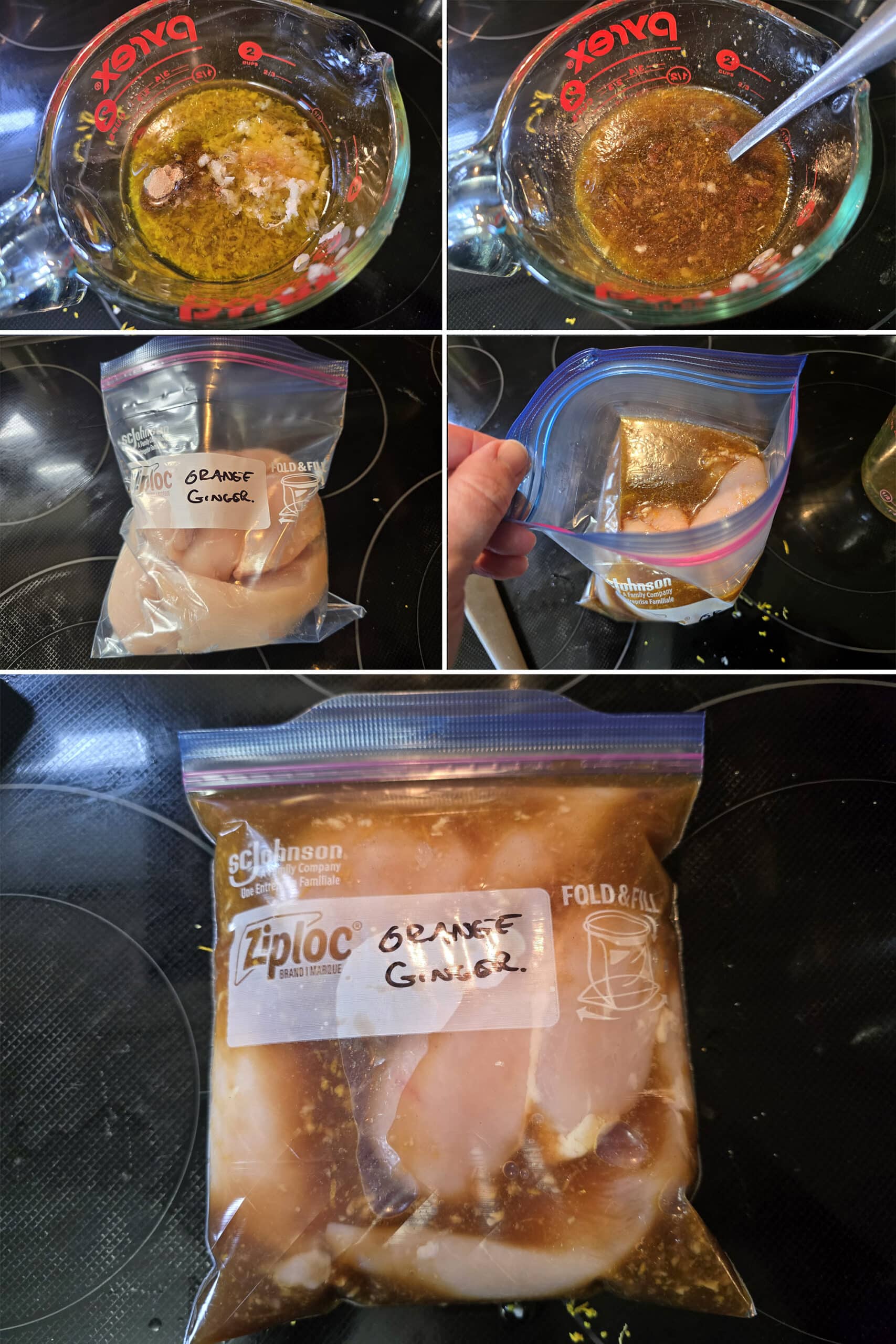 5 part image showing the ginger orange chicken marinade being mixed and added to chicken breasts in a bag.