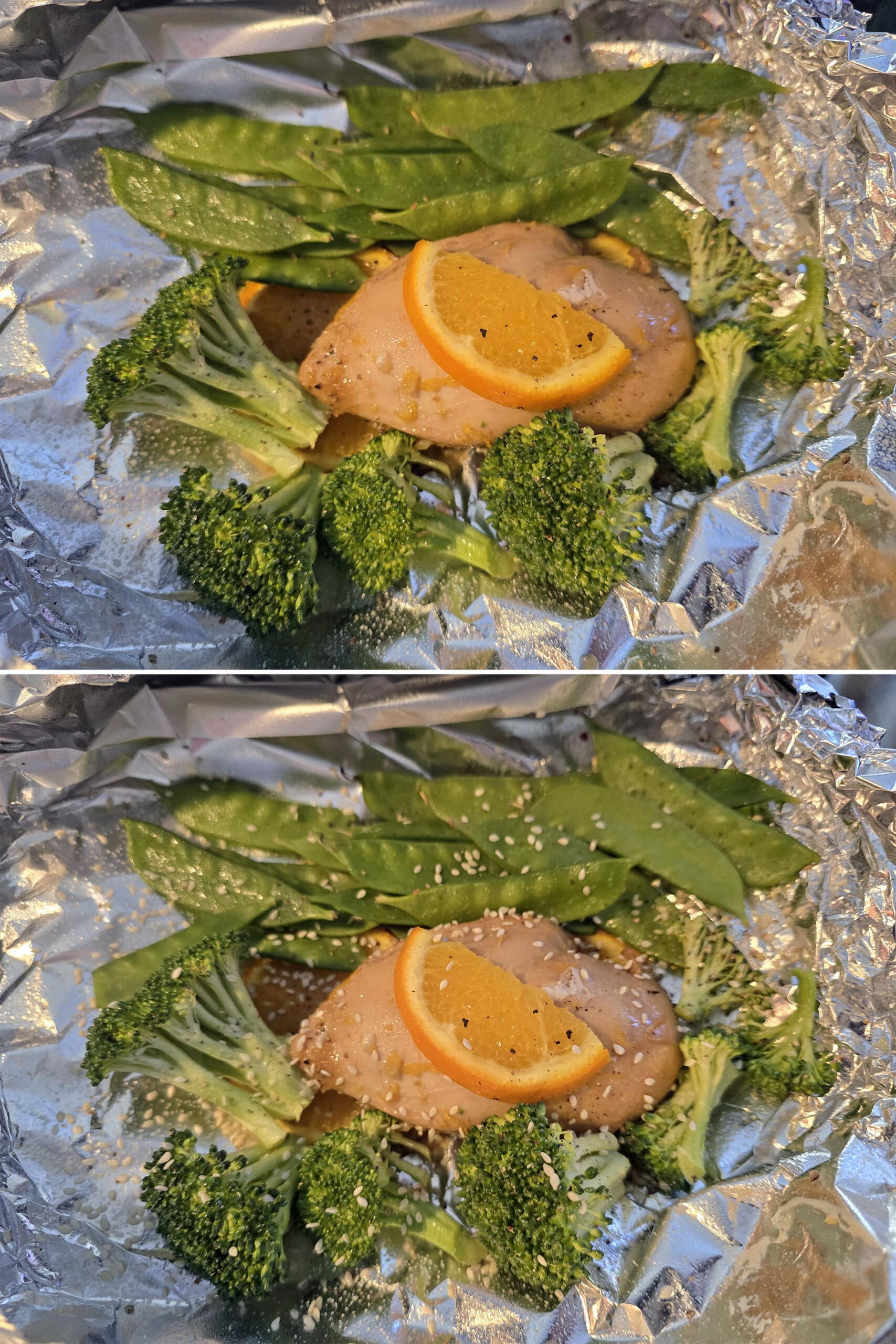 2 part image showing the broccoli and peas being added to the foil packets and sprinkled with sesame seeds.