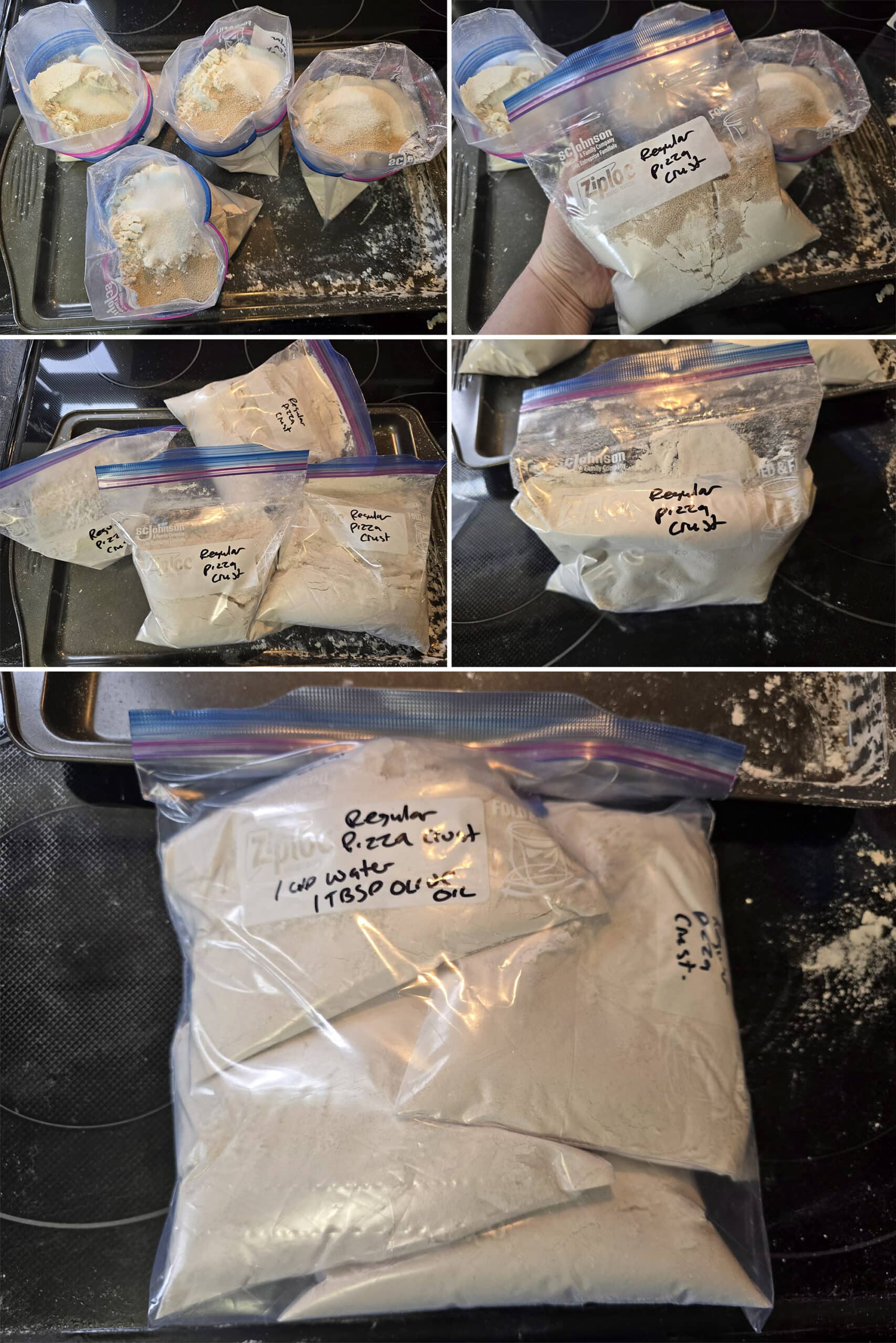 5 part image showing bags of pizza crust mix being created.