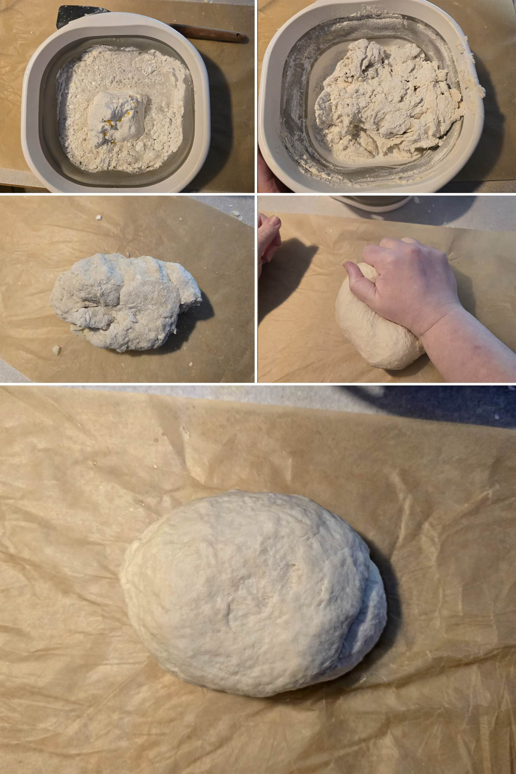 5 part image showing water and oil added to a bowl of pizza crust mix, stirred to form a loose dough, then kneaded into a smooth ball.