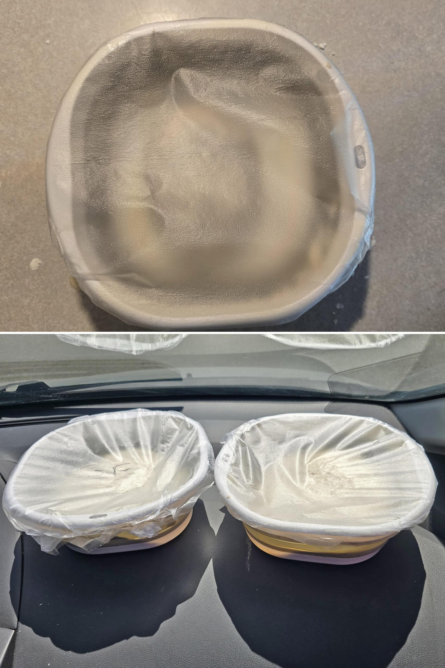 2 part image showing the wrapped bowl of dough, then two wrapped bowls of pizza dough rising on a sunny car dashboard.
