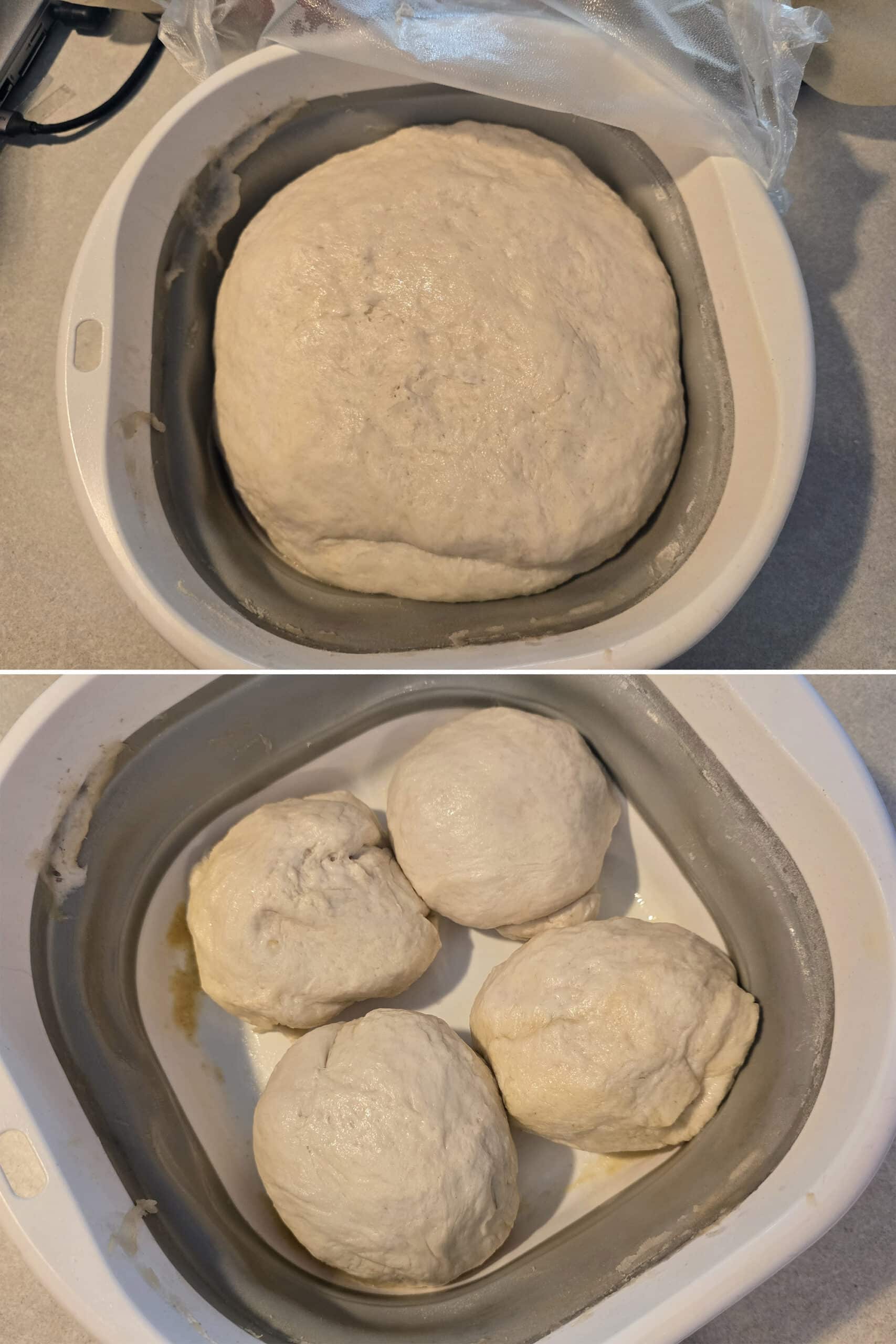 2 part image showing then bowl of risen dough, then the dough divided into 4 balls.
