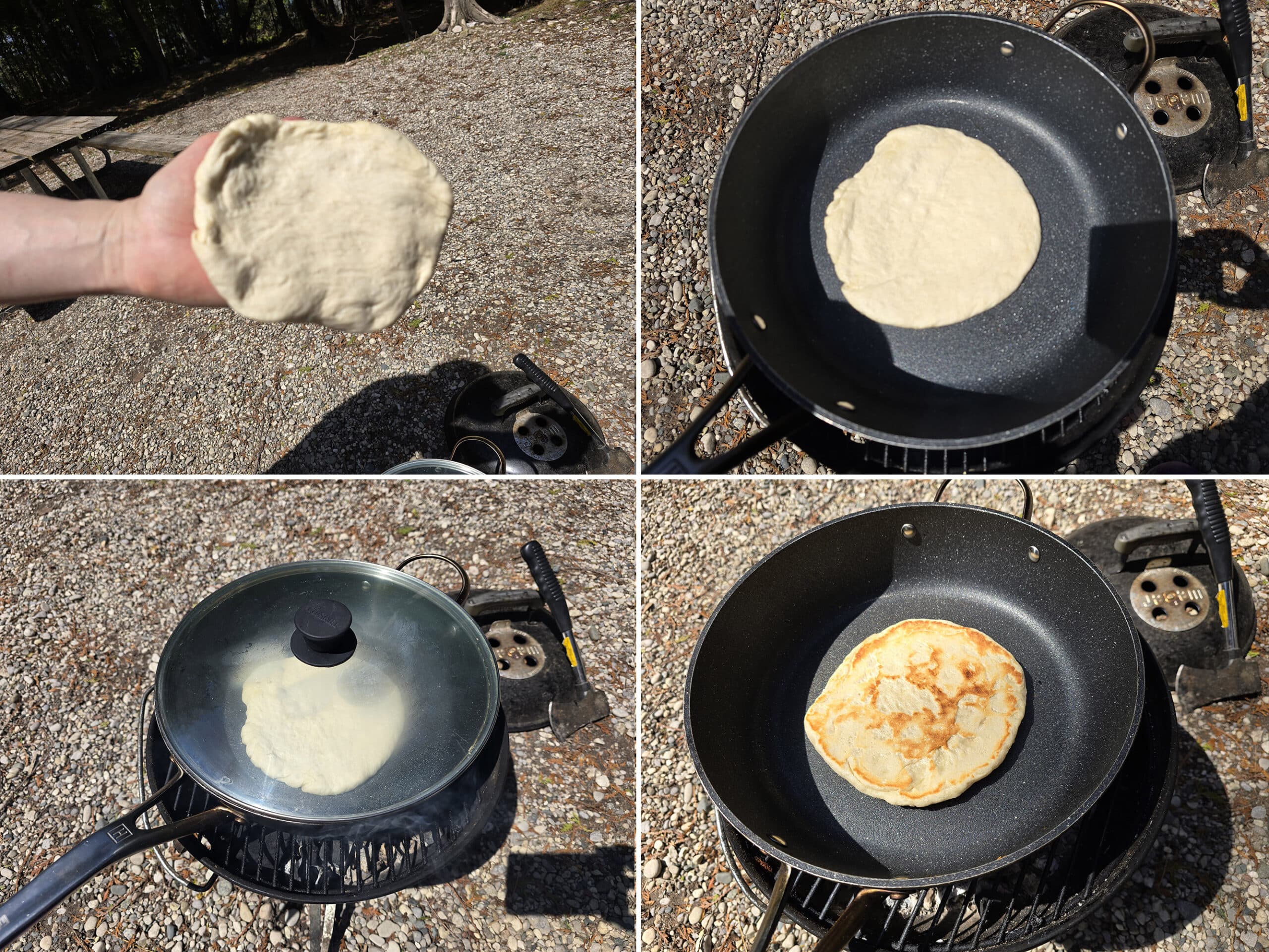 4 part image showing a round of pizza dough being held, put in a pan, covered, then flipped to show the cooked side up.