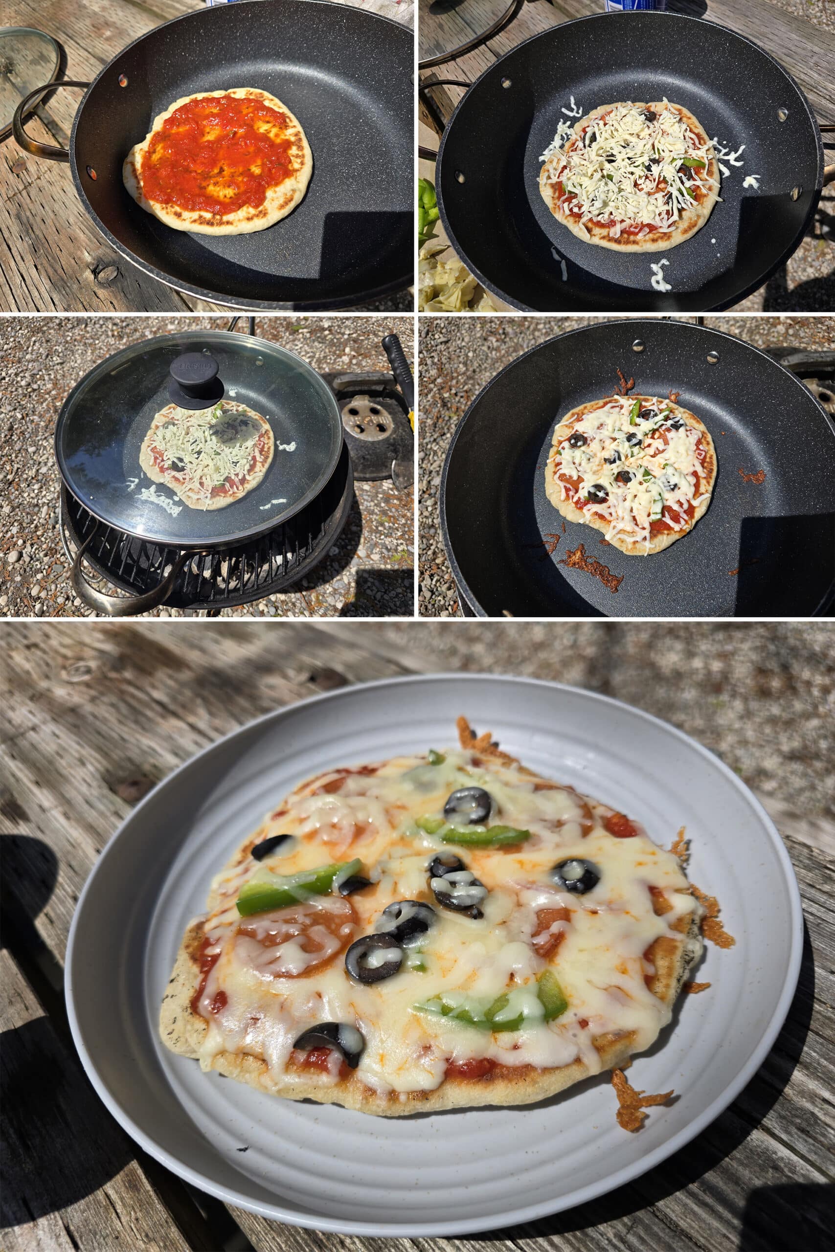 5 part image showing the pizza crust being spread with sauce and toppings, returned to the fire, then served on a plate.