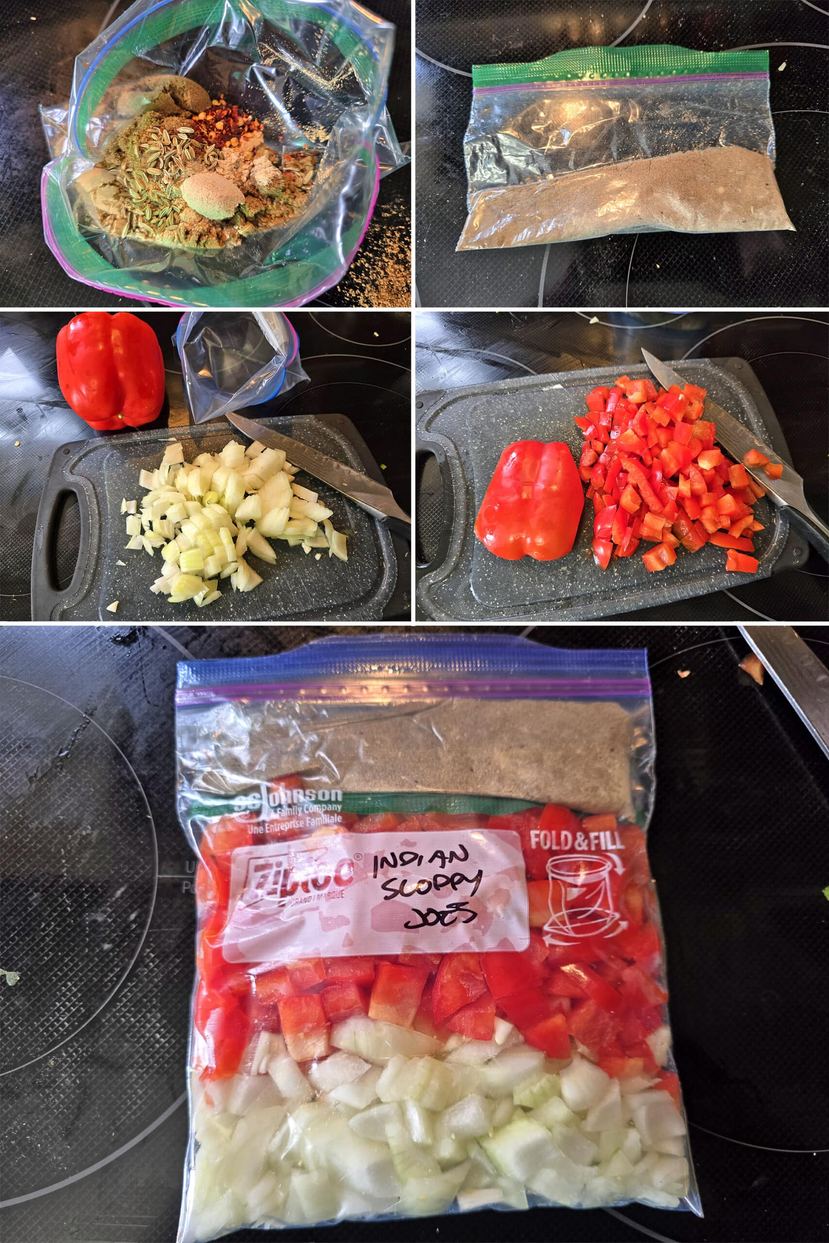 5 part image showing the butter chicken spice packet being mixed, peppers and onions chopped, then the veggies and spice packet being added to a larger, labelled baggie.