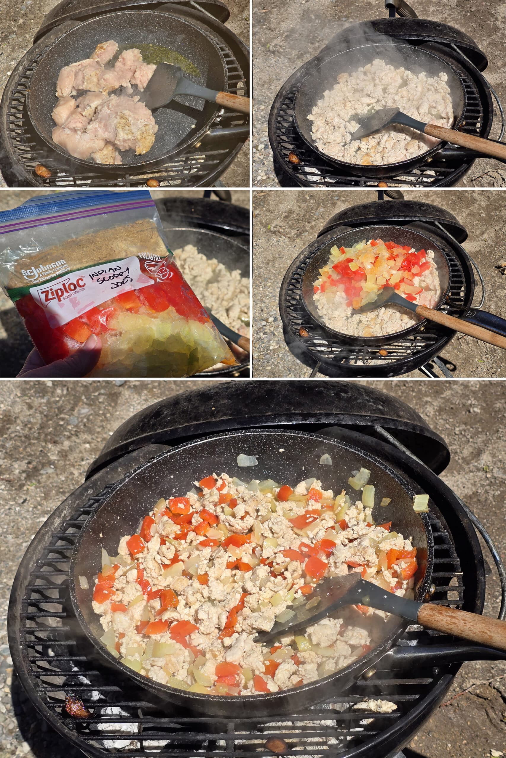 5 part image showing the ground chicken being cooked in a skillet over hot coals, then a packet of frozen red peppers and onions being added and cooked.