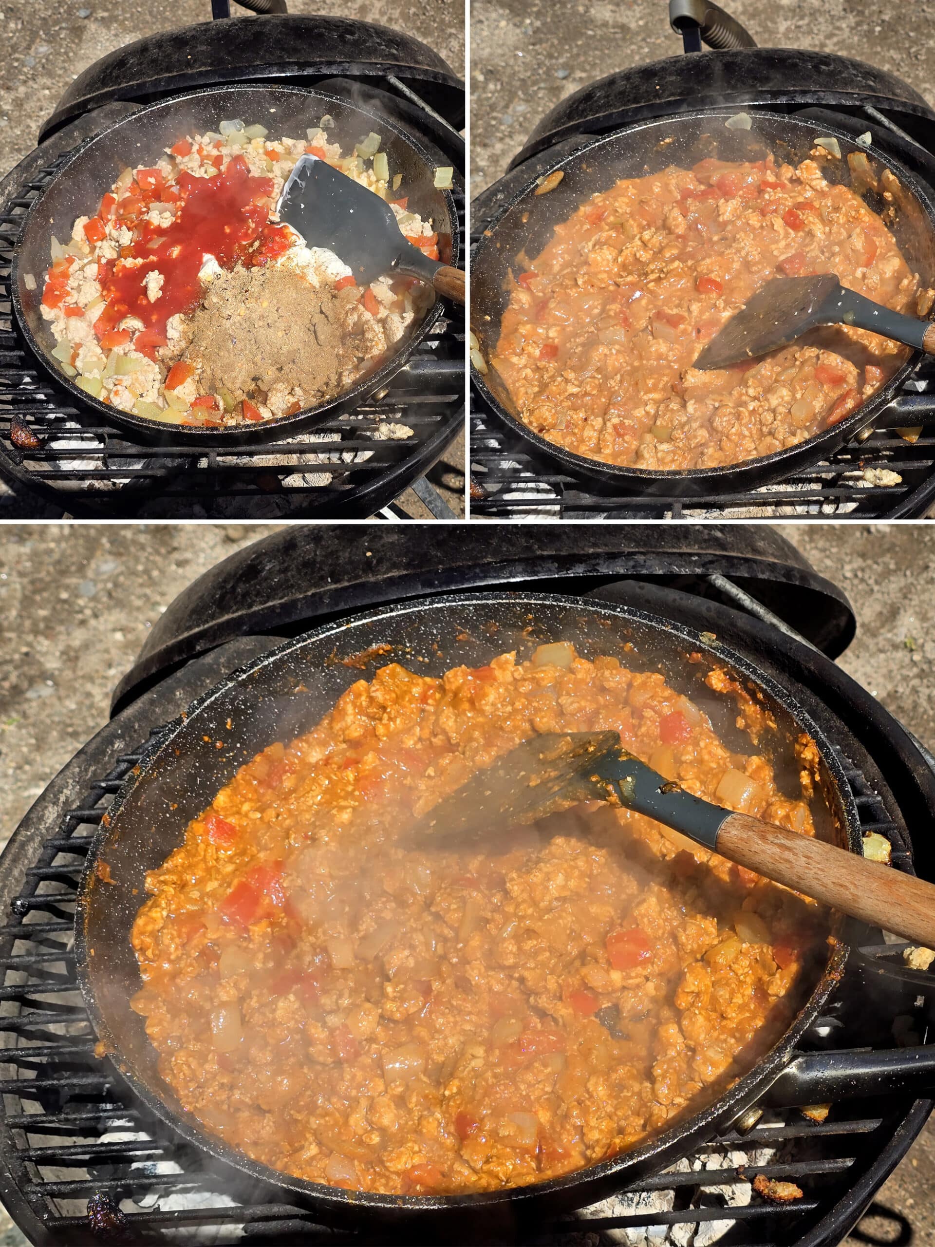 3 part image showing tomato sauce and a spice packet being added to the cooked ground chicken and vegetables, then simmered til thick.