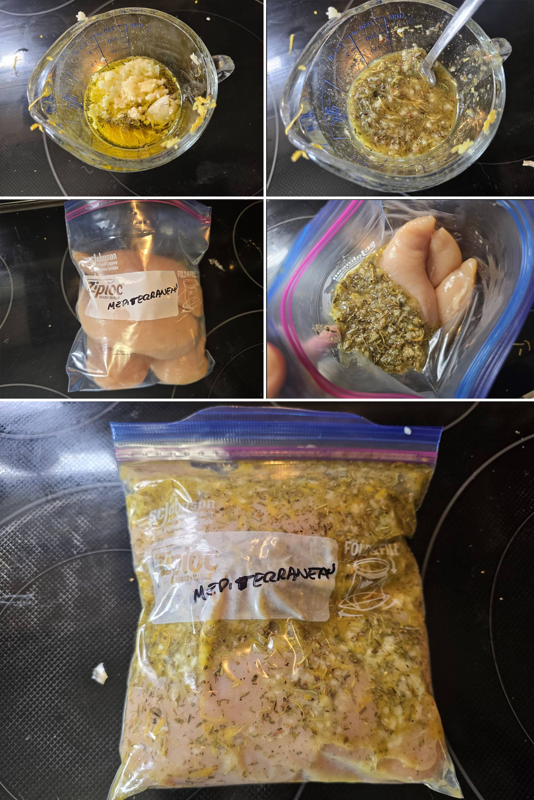 5 part image showing souvlaki marinade being mixed, and added to a Ziplock baggie of chicken breasts.