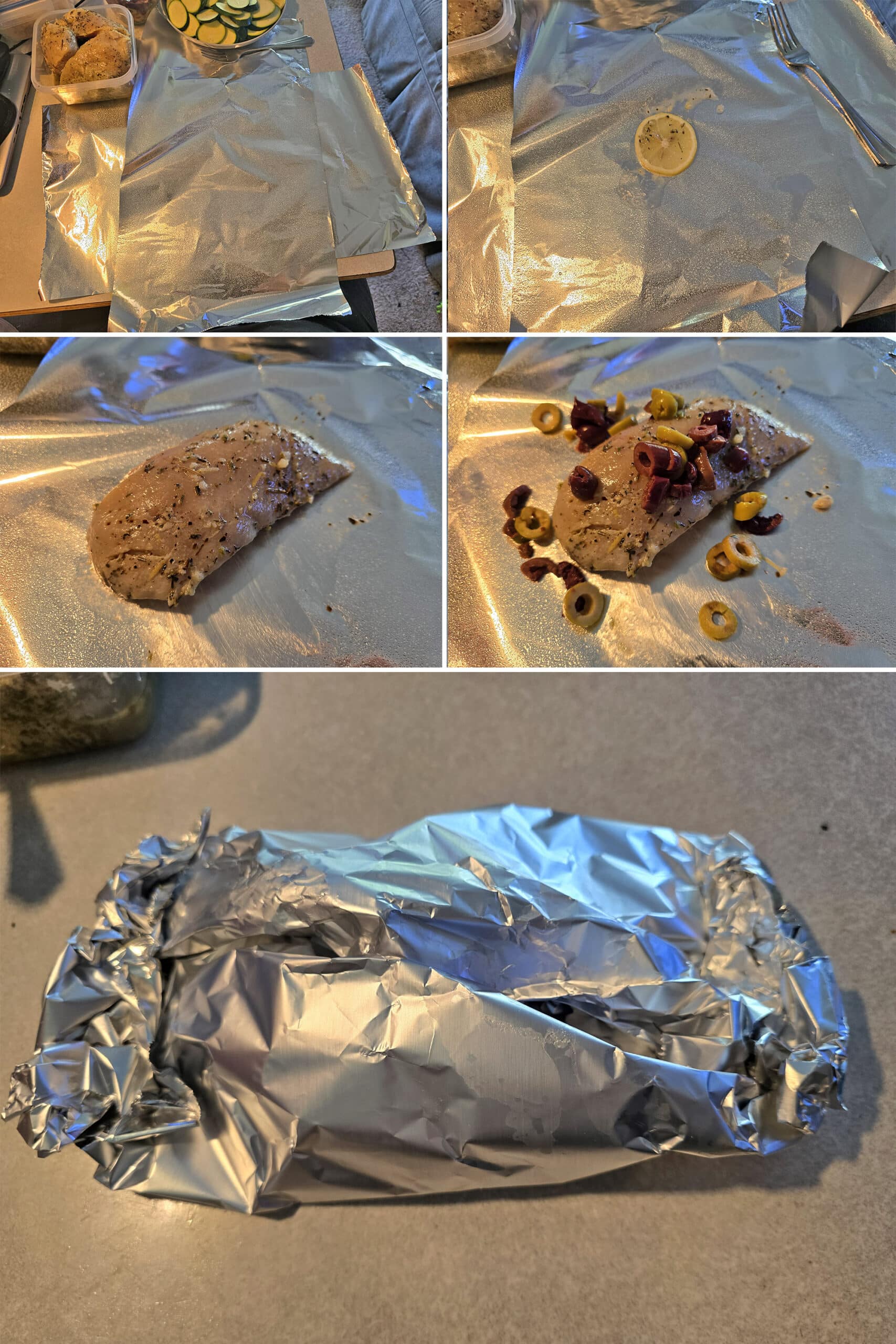 5 part image showing lemon slices, marinated chicken breasts, and olives being arranged in a foil packet and sealed.