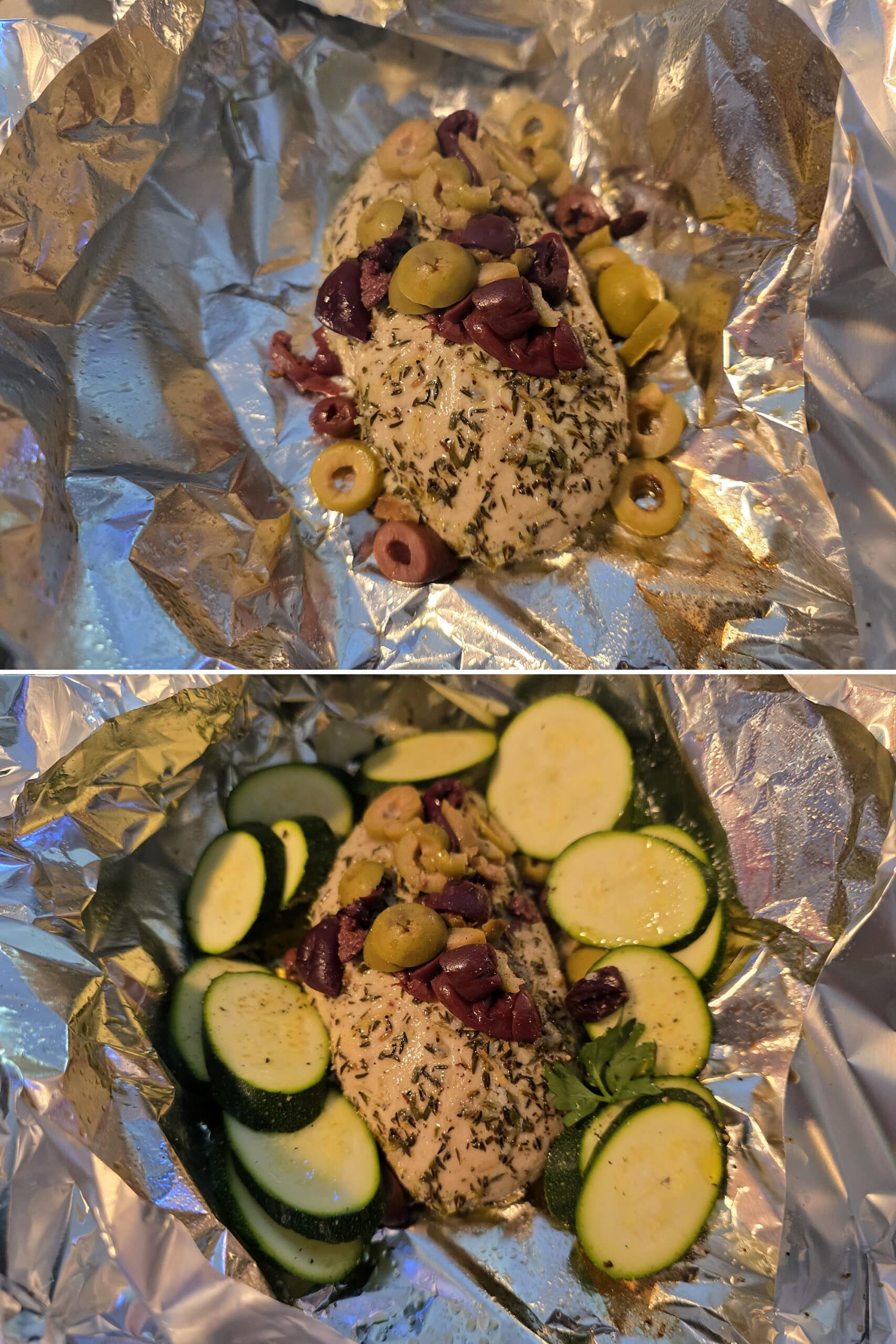 2 part image showing the zucchini slices being added to the chicken foil packet.