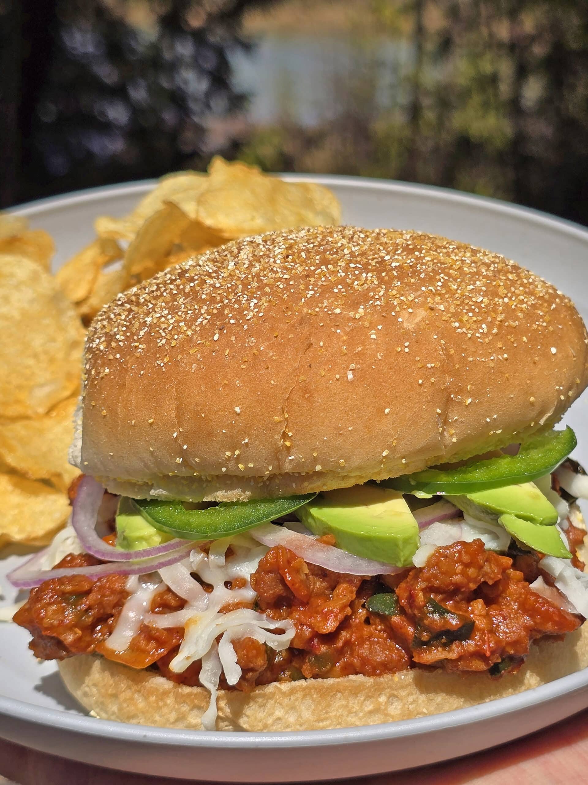 A Mexican sloppy Joe sandwich, with Monterey Jack, sliced jalapenos, and avocado, on a plate.