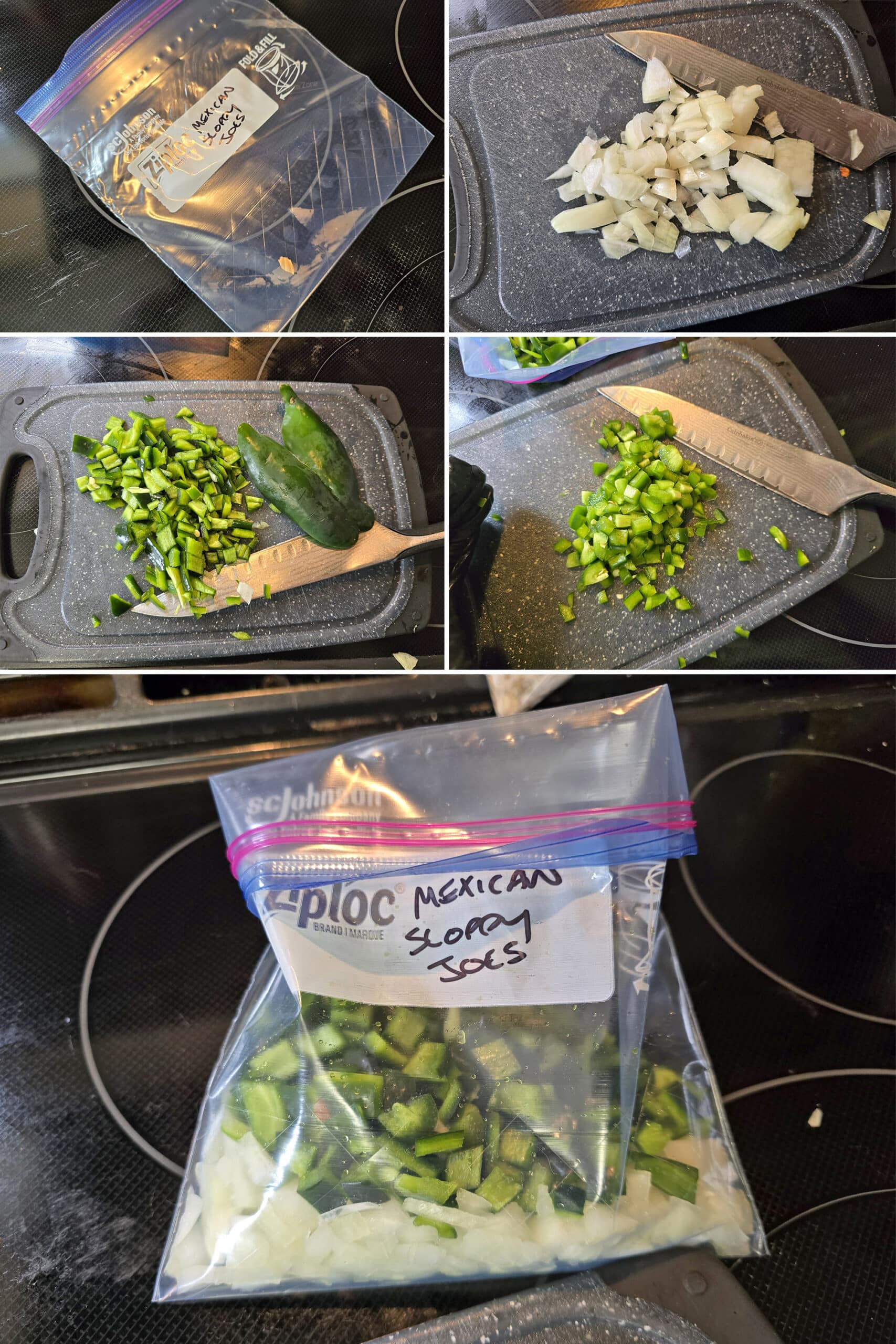 5 part image showing onions, jalapeno, and poblano peppers being chopped and put into a freezer baggies.