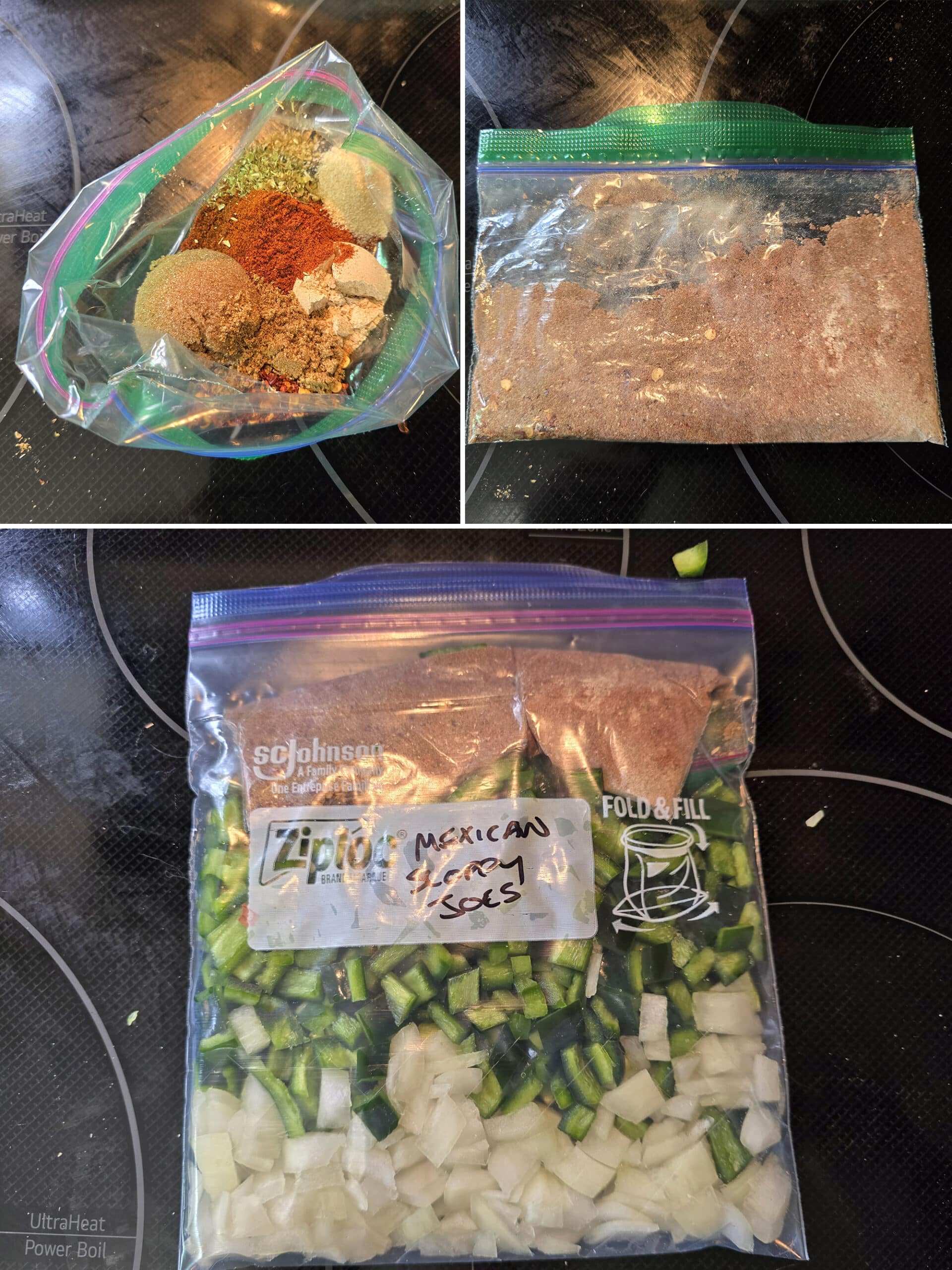 3 part image showing the spice packet being mixed an added to the labelled bag of chopped veggies.
