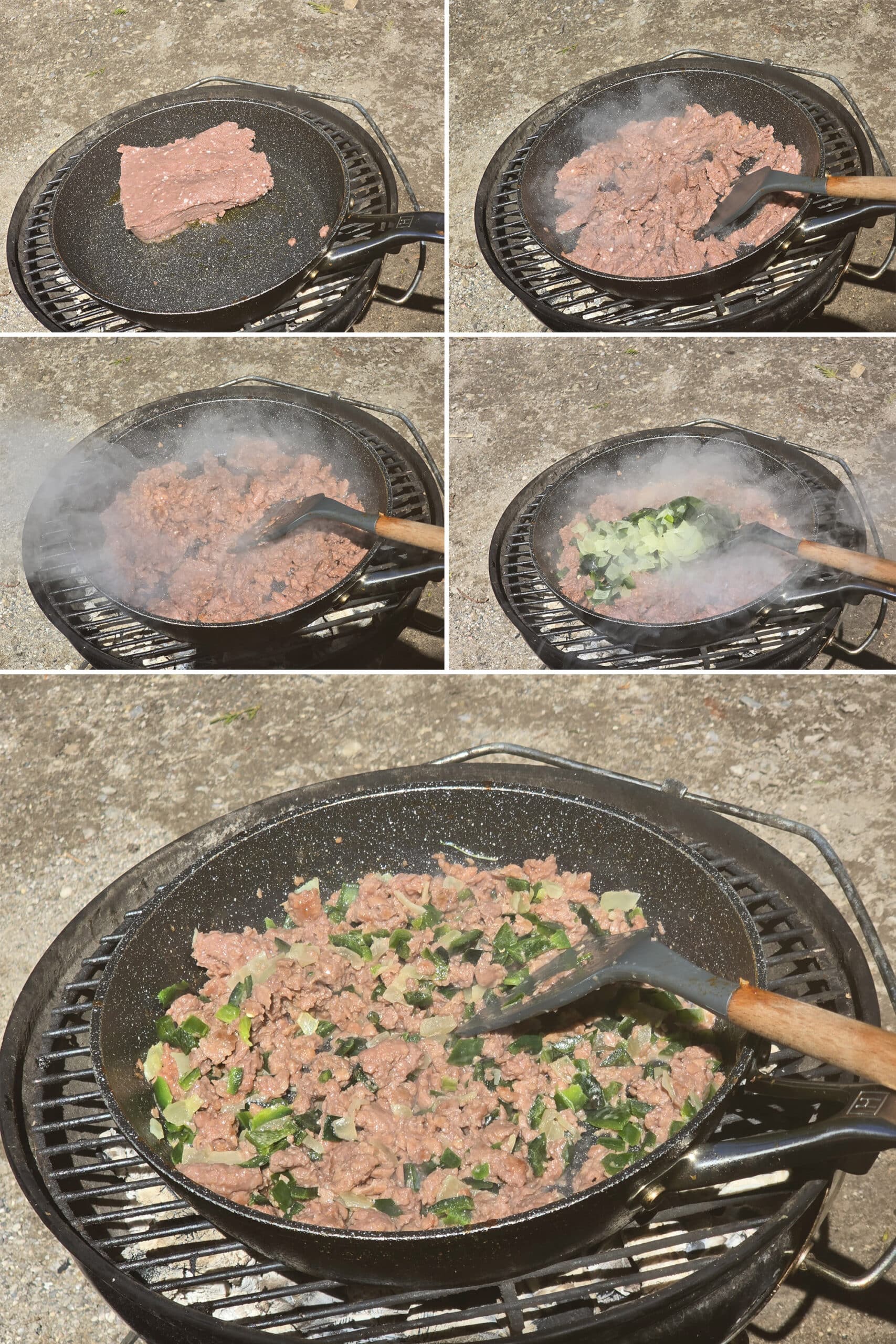 5 part image showing ground meat being cooked, then the frozen packet of peppers and onions being added and cooked down.