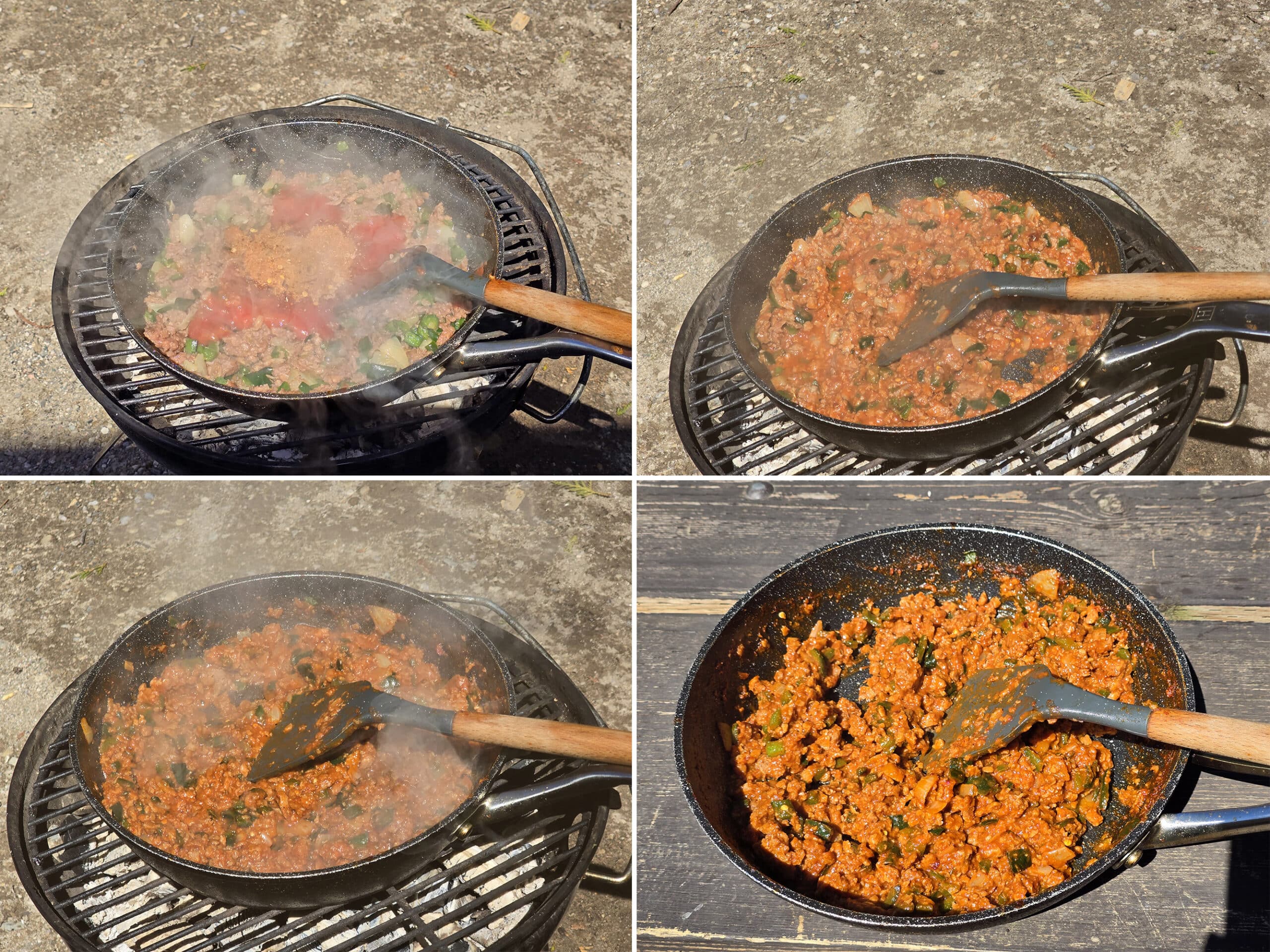4 part image showing the sauce and seasoning packet being added to the pan and cooked  down to a thick sloppy joe sauce.