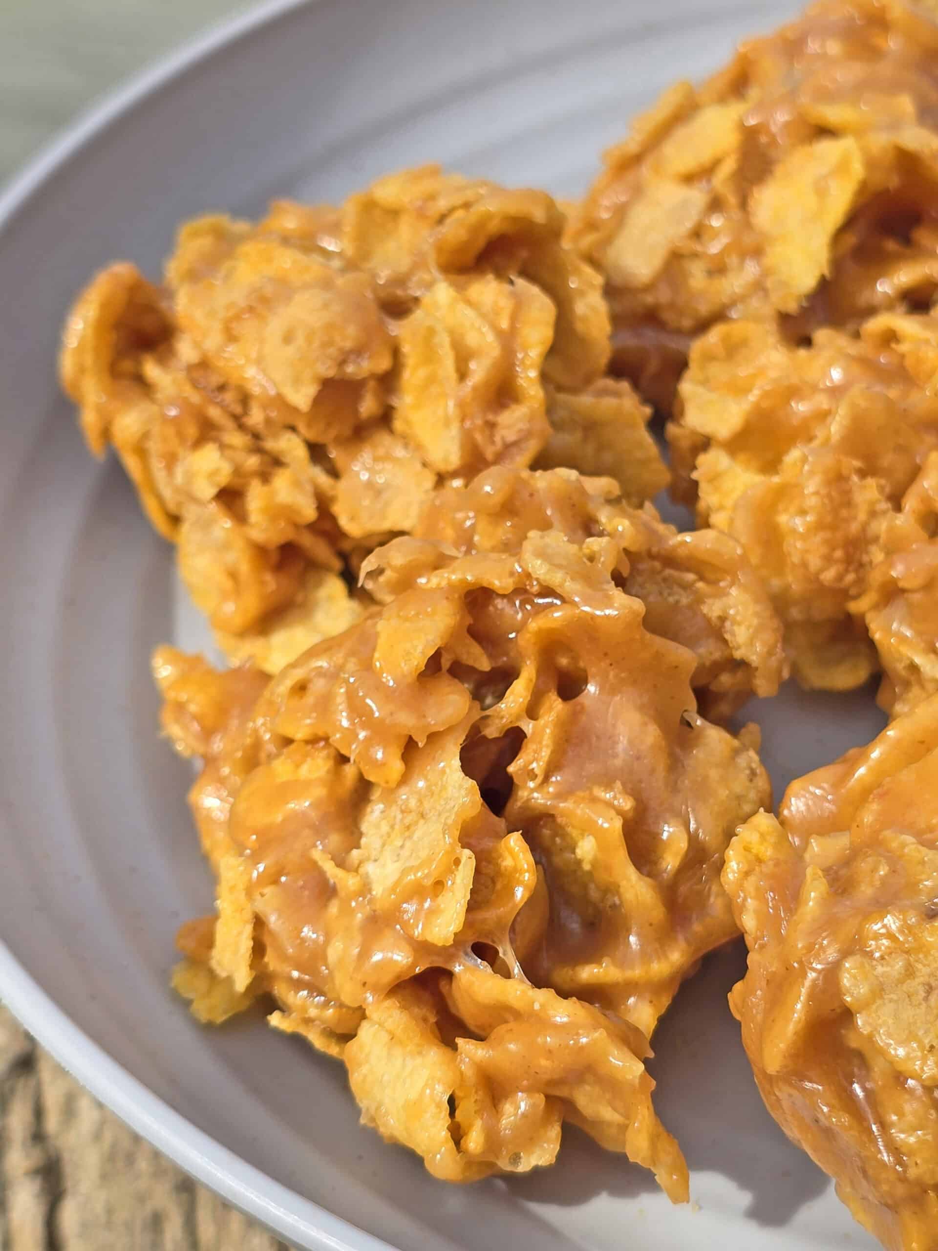 A plate of no bake peanut butter corn flake cookies on a picnic table.