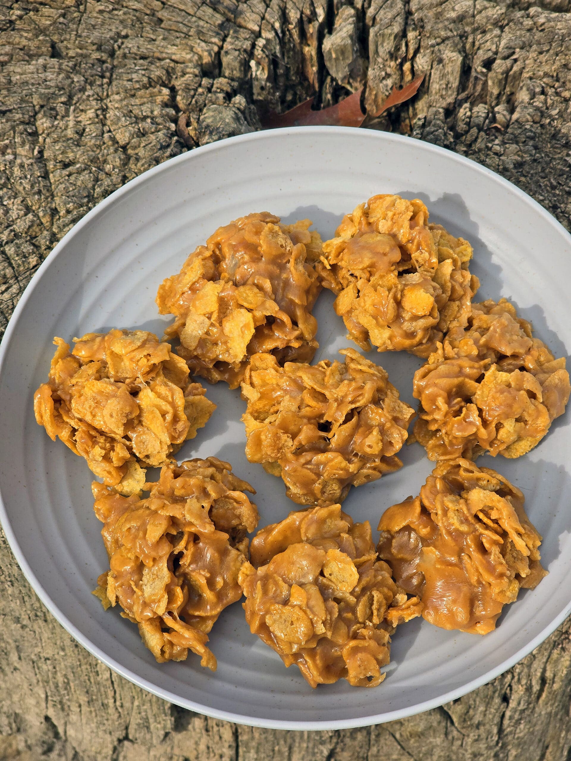 A plate of no bake cornflake cookies on a picnic table.