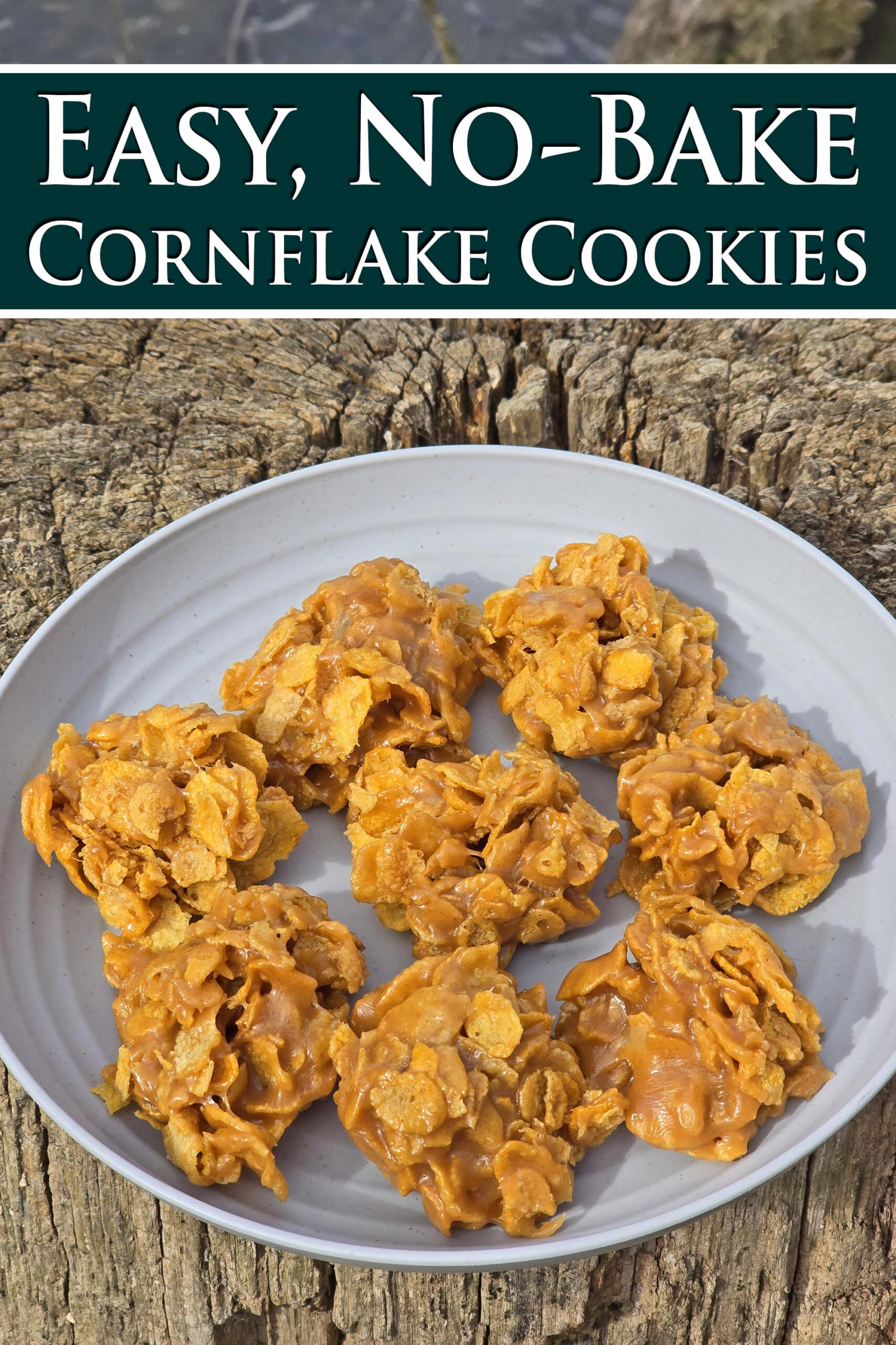 A plate of no bake peanut butter corn flake cookies on a picnic table. Overlaid text says easy no bake cornflake cookies.
