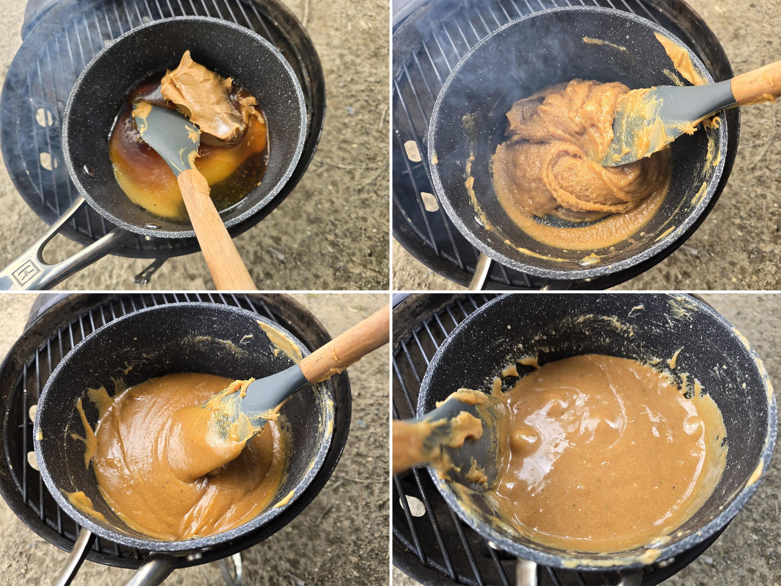 4 part image showing the peanut butter mixture cooking over a charcoal fire until smooth.