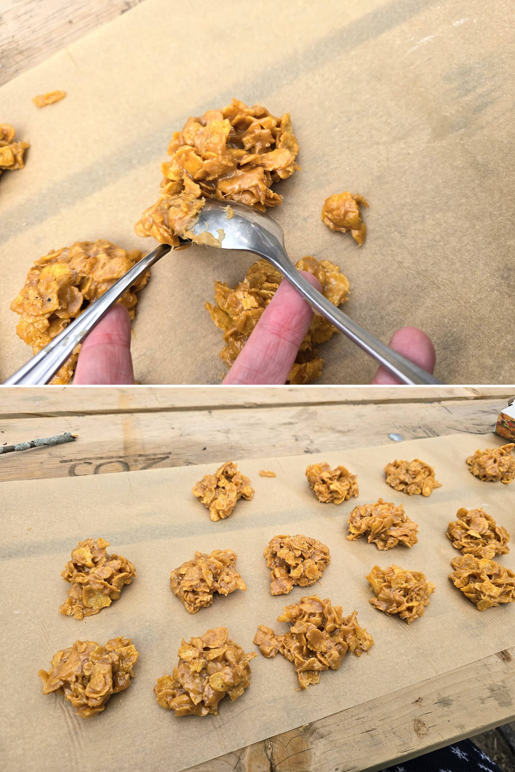 2 part image showing cornflake cookie mix being spooned onto a picnic table lined with parchment paper.