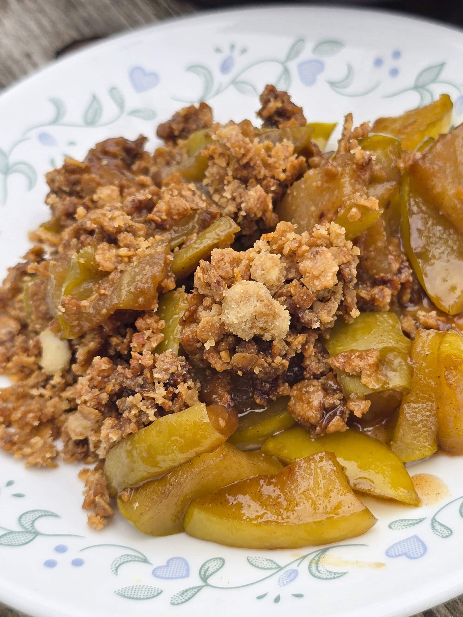A plate of no bake apple crisp on a picnic table.